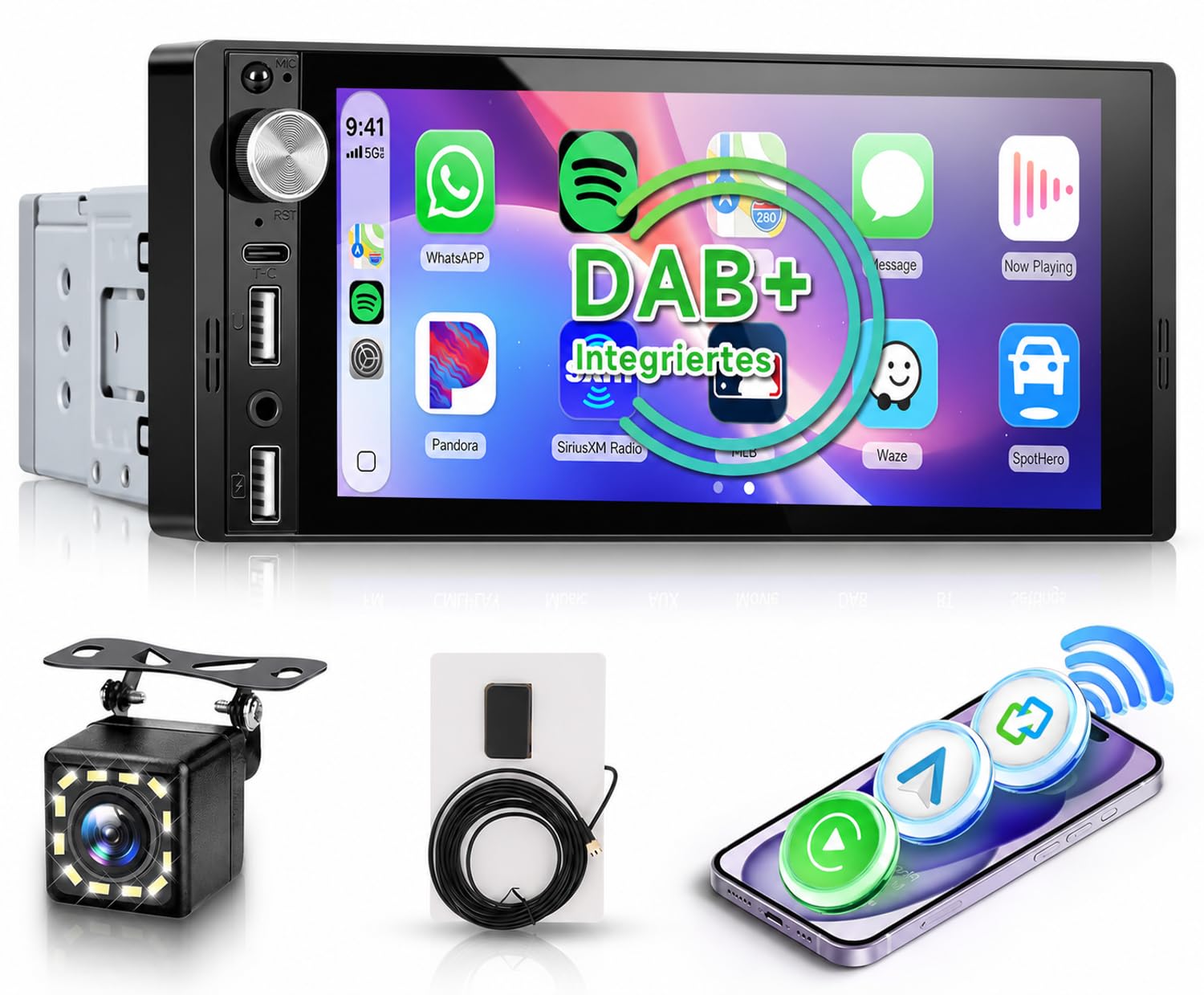 Hodozzy DAB 1 DIN Autoradio mit Wireless CarPlay und Android Auto, AM/FM Car Radio Bildschirm 6,9 Zoll Touchscreen mit Bluetooth, Mirror Link, Videowiedergabe, Typ-C/USB/AUX mit Rückfahrkamera