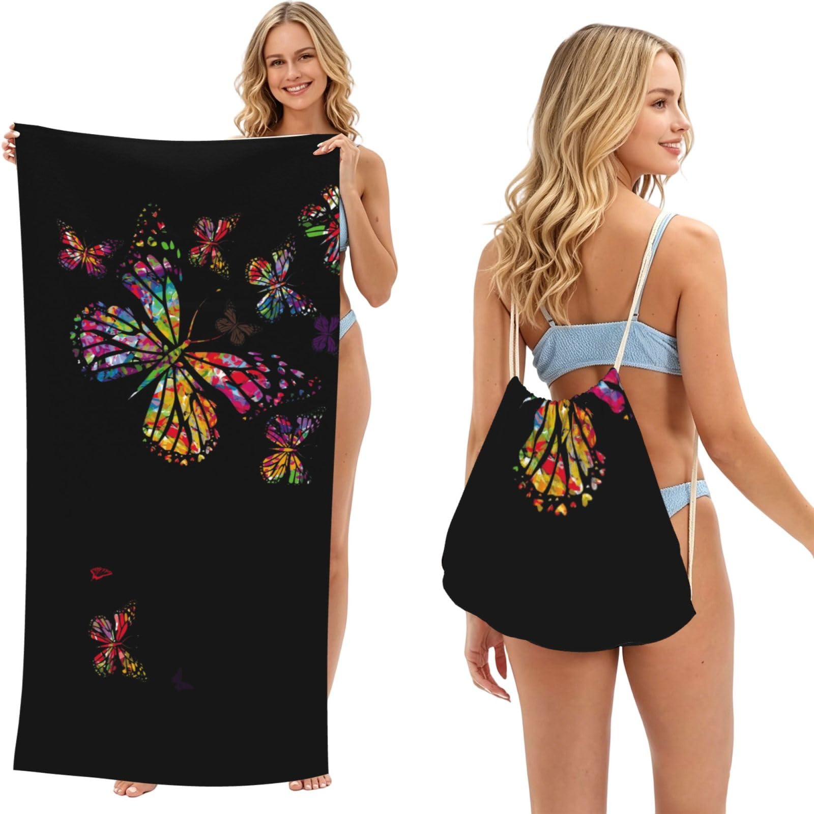 WSHFFILO colorful butterfly printed 2 in 1 Packable Towel Bag Bath Towel Beach Towel