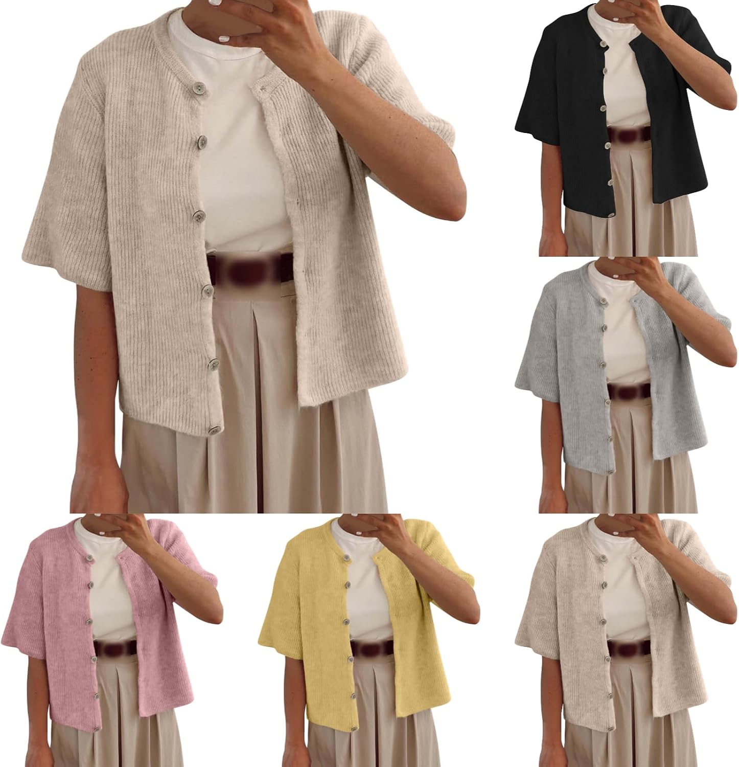 Womens Lightweight Thin Cropped Cable Knit Cardigan Summer Short Sleeve Button Down Solid Color Short Bolero Shrugs