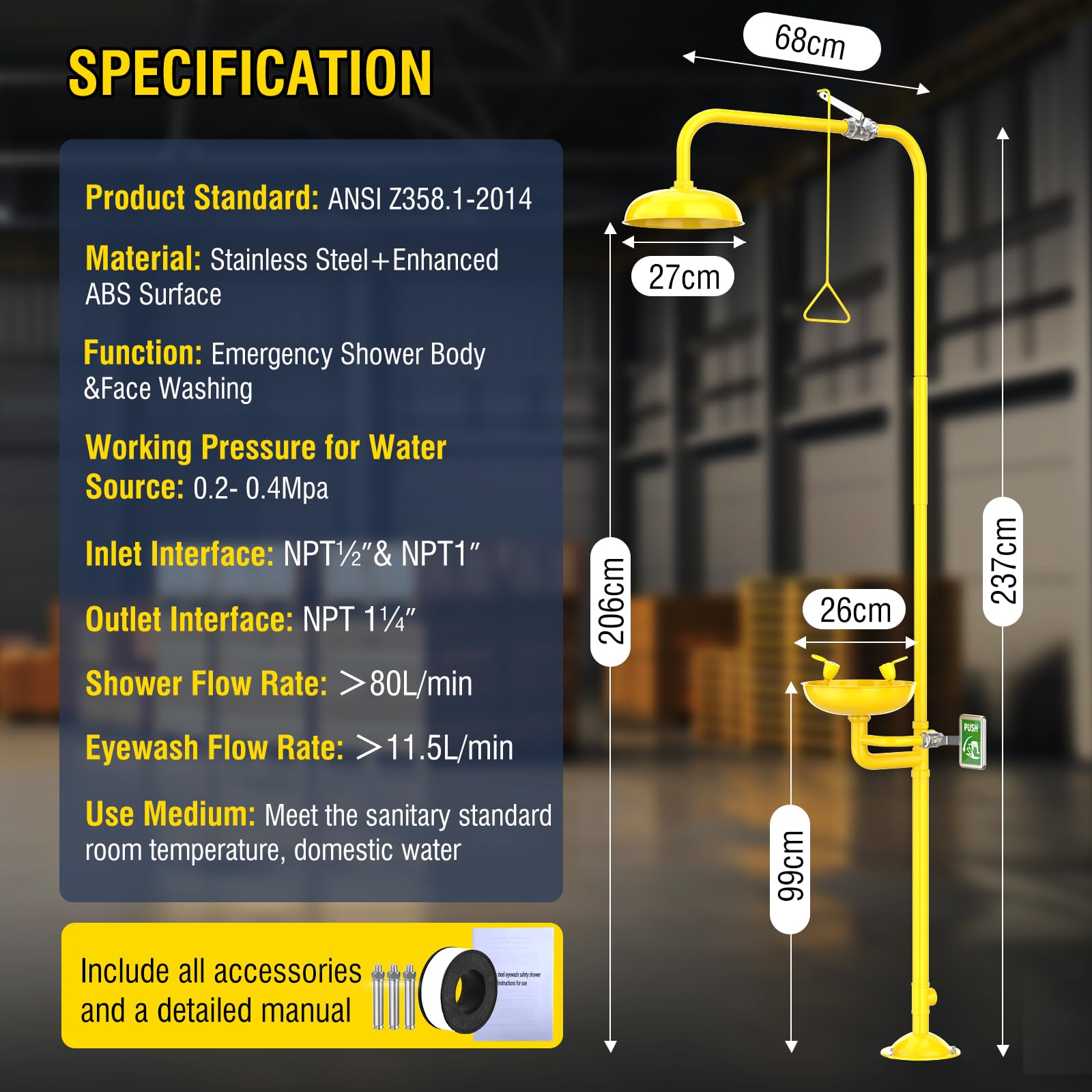Emergency Shower Eye Wash Station, OSHA Approved Eyewash Station with Shower, First Aid Shower Combination Kit, Industrial Grade with Emergency Sign, 304 Stainless Steel Yellow ABS Coating — Amazon image 6