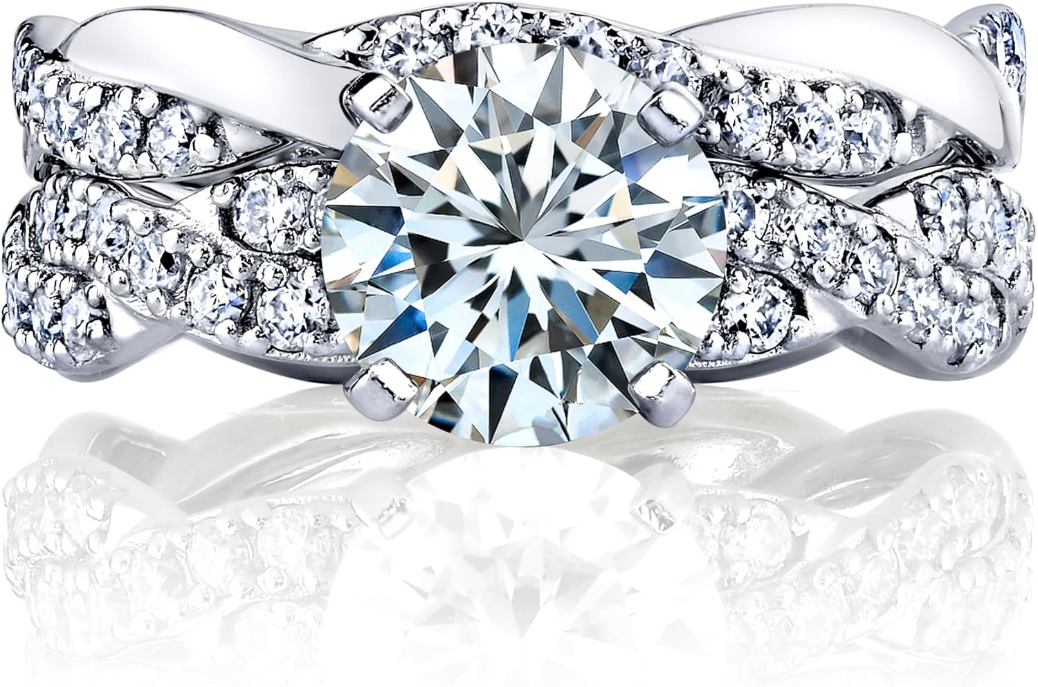 Metal Masters Co. 2.5Ct Round Moissanite 18K White Gold Over Silver Eternity Infinity Twist Bridal Set Wedding Engagement Ring