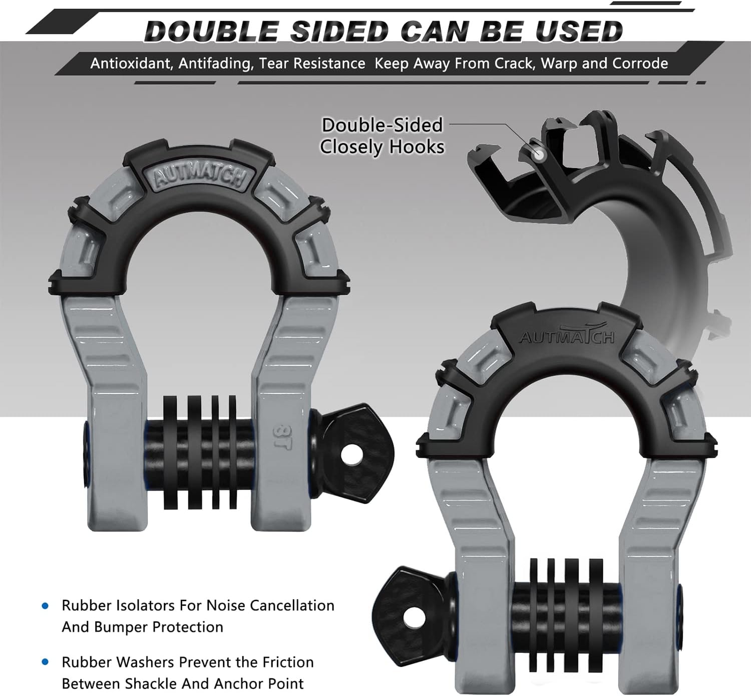 AUTMATCH Mega Shackles 3/4" with Winch Snatch Block Pulley 18 Ton, Max 79,366Lbs Break Strength, Heavy Duty Off Road Recovery Towing Pulley Blocks Winch Rope, ATV, UTV, Truck, Gray