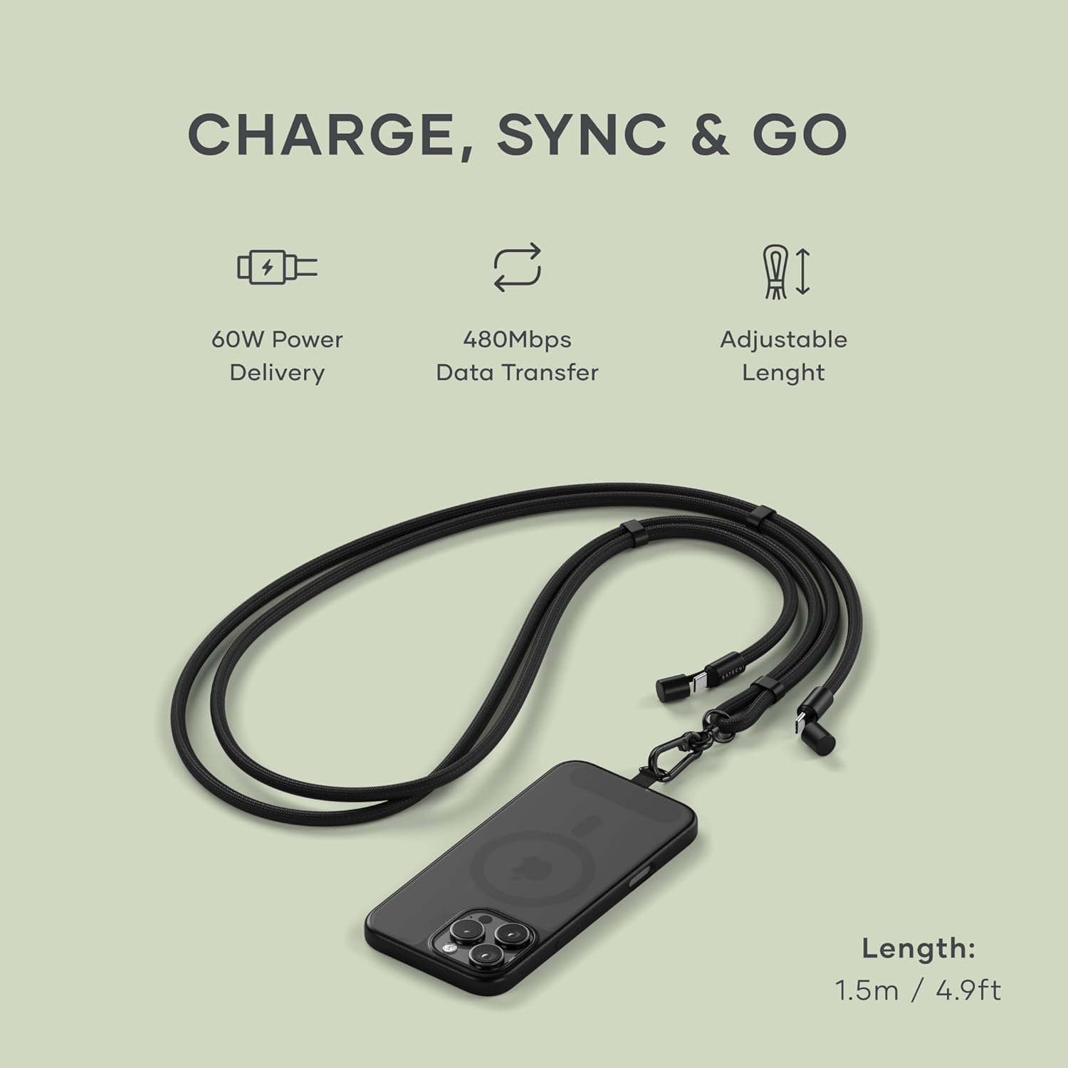 Satechi OntheGo USB-C Lanyard Cable, 60W Fast Charging, 480Mbps Data Transfer, Built-in Crossbody Strap, Adjustable 1.5m / 4.9ft Braided Cord, USB-C to USB-C Cable for iPhone, Android – Black