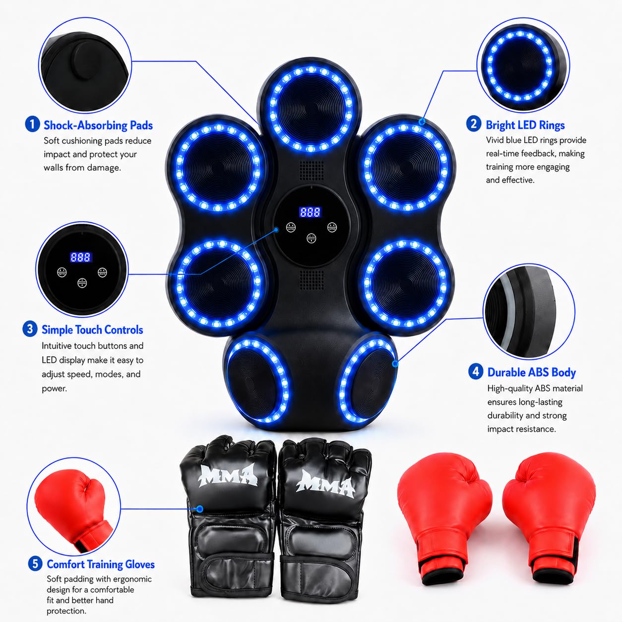 Entrenador de boxeo inteligente para montaje en pared, 7 objetivos electrónicos con gancho izquierdo+derecho, 11 modos y 9 velocidades, música Bluetooth y LED, máquina de boxeo para adultos y niños