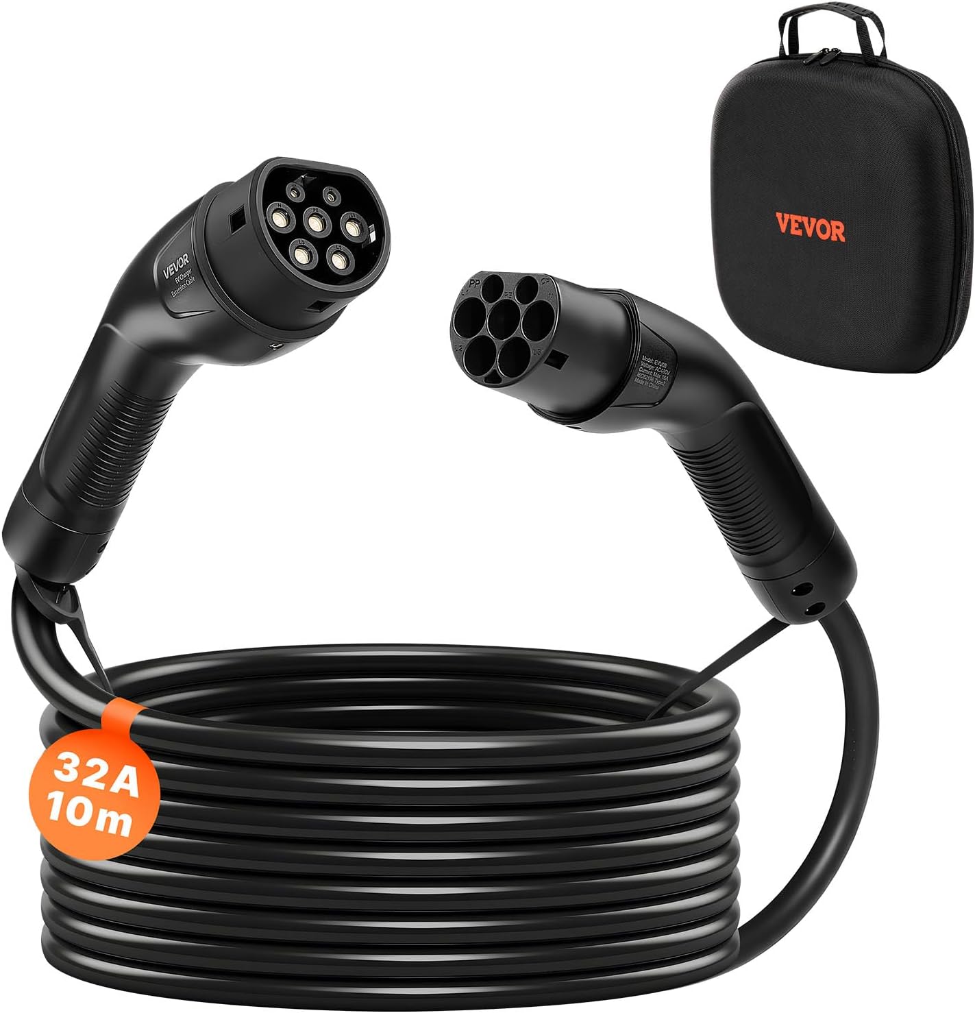 VEVOR Cable de Carga para Vehículos Eléctricos, 32 A, 10 m, máx. 22 kW, Alargador, Compatible con Cargadores de Vehículos Eléctricos Tipo 2, Trifásico CA 480 V 50 Hz, IP65, con Bolsa de Transporte