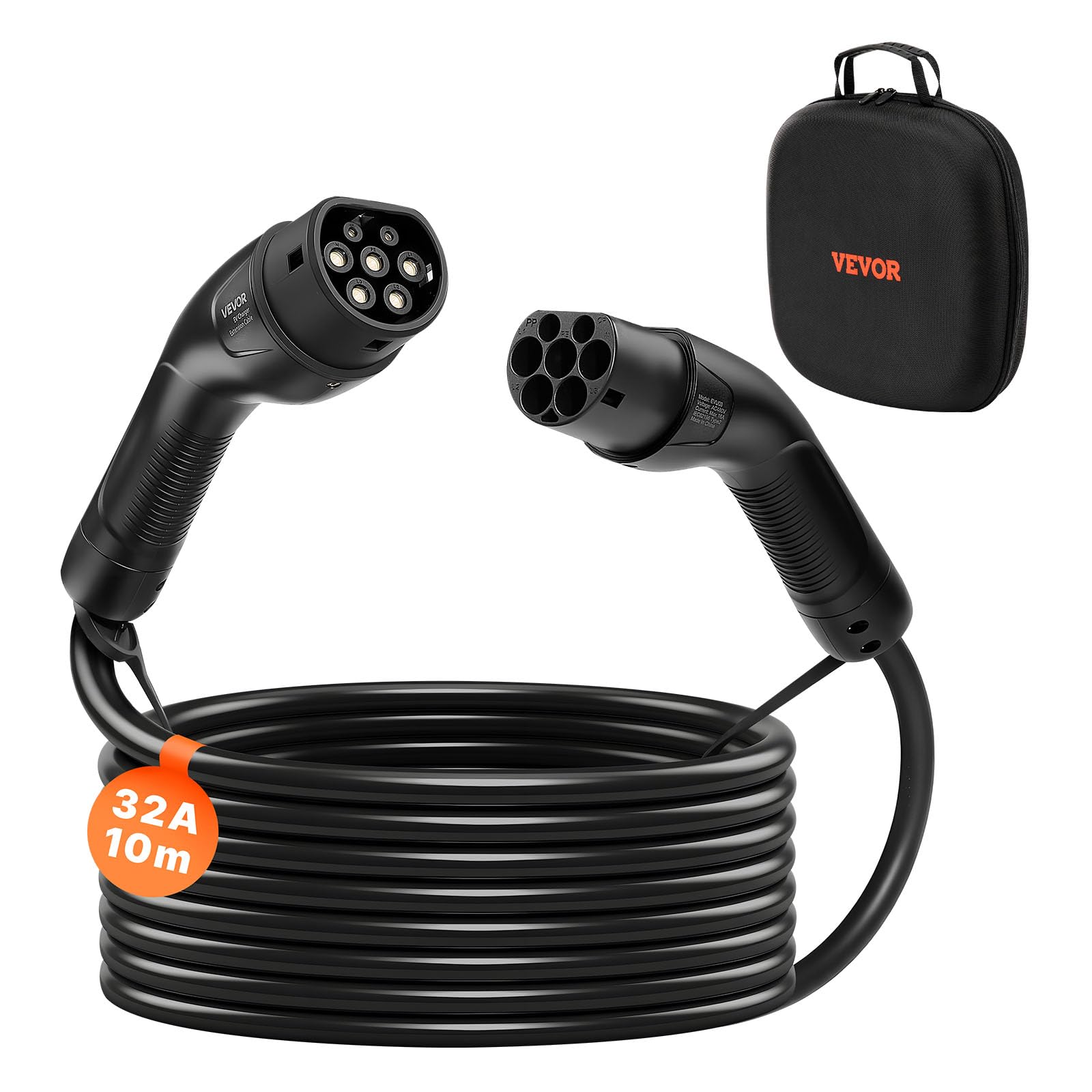 VEVOR Câble Recharge Voiture Électrique Type 2, 32 A, 10 m, 22 KW, Câble de Charge Compatible avec Chargeurs de Véhicules Électriques de Type 2, Triphasé CA 480 V, 50 Hz, IP65, avec Sac de Transport
