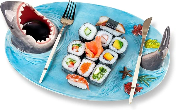 Glazery Blue Ceramic Shark Plate, Shark Sushi Plates, Funny Handmade Kitchen Salad Plates with Dipping Sauce Bowl, Microwave/Oven/Dishwasher Safe Plates, Holiday Birthday Gifts for Shark Party Lovers