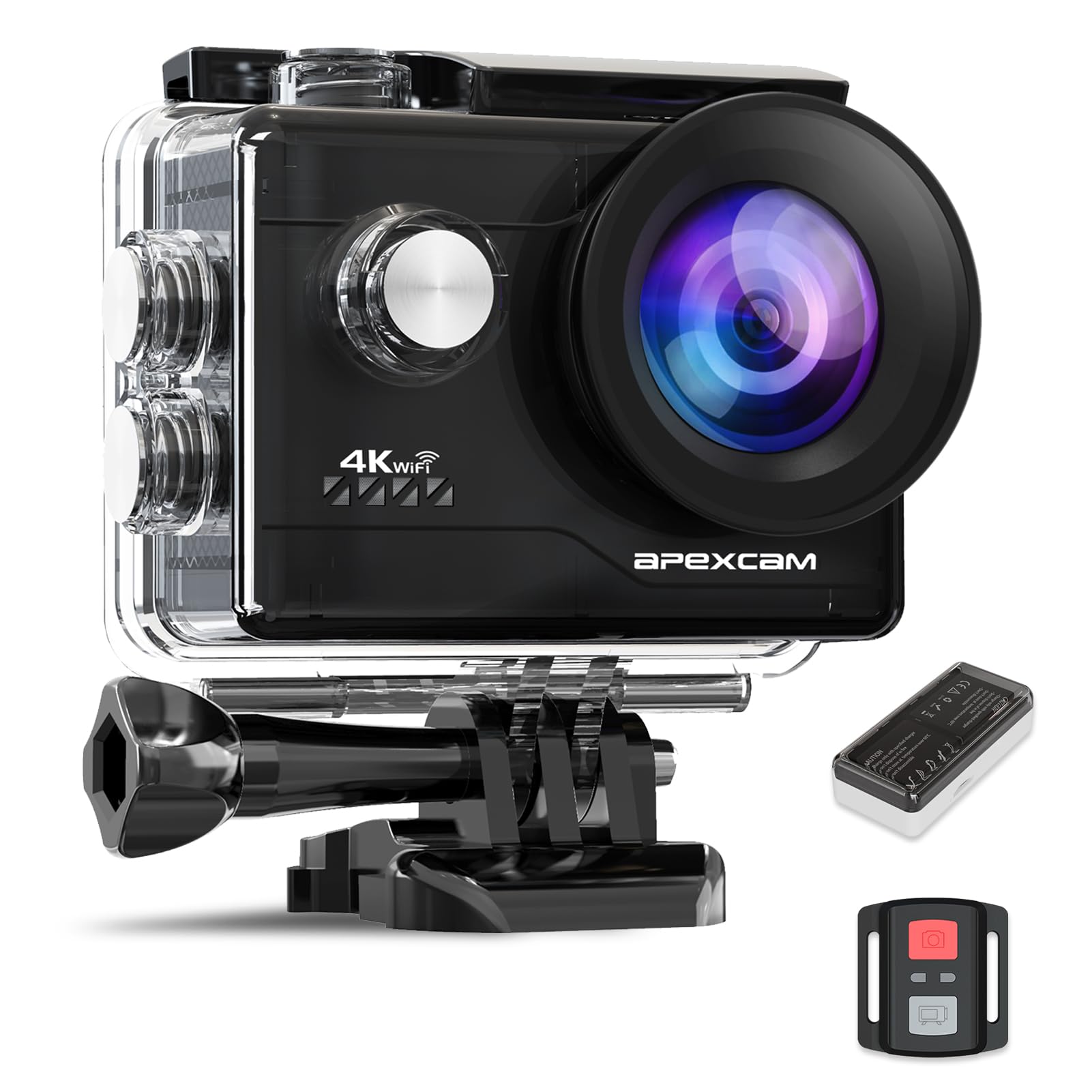 Apexcam Action Camera 4K 60FPS 64MP WiFi Sports Underwater Camera Waterproof 40M EIS With Ultra HD 170° Wide Angle 2.4G Remote 2 x 1350mAh Batteries and Accessories