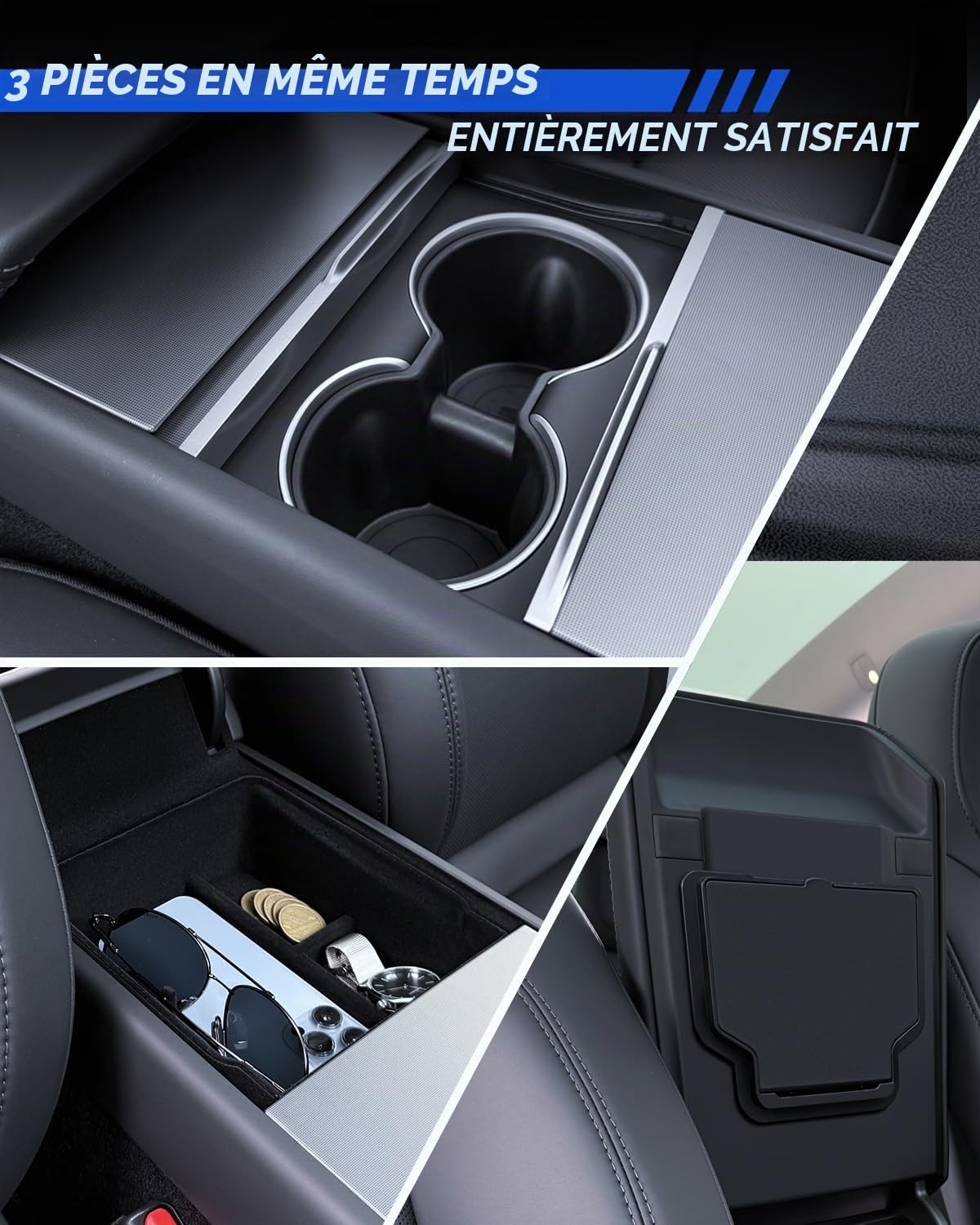 Lot de 3 Accessoires pour Tesla Model Y Standard 2025-2026 et Model Y 2025-2026 Juniper - Boîte de Rangement pour accoudoir - Boîte cachée et Porte-gobelet Model Y - Accessoires (Flocage)