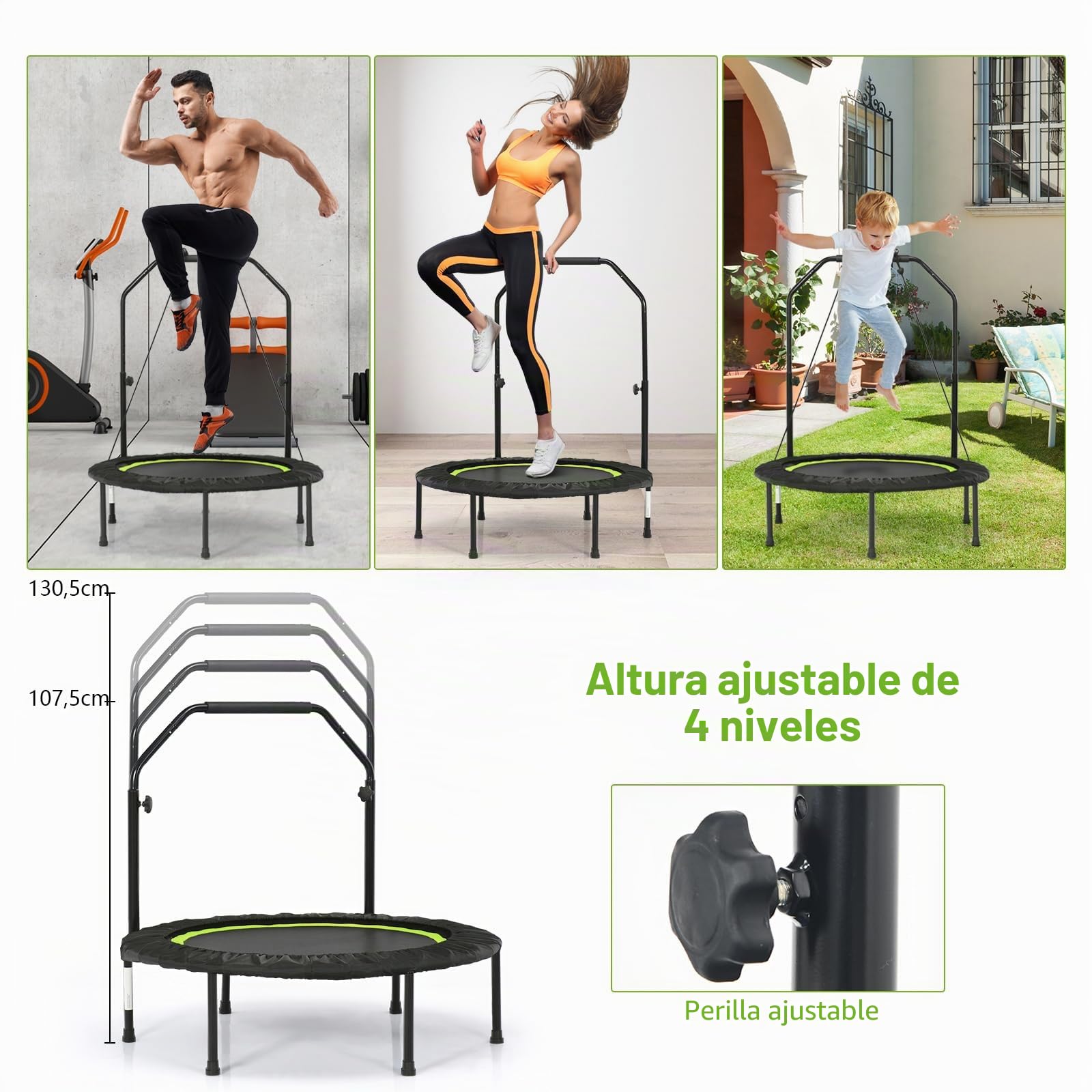 LIFEZEAL Fitness Trampolín Plegable φ101cm, Jumper con Barra de Seguridad, 2 Bandas de Resistencia, Altura Ajustable 107,5-130,5 cm, Estructura de Acero, Capacidad 150 kg, Interior y Exterior