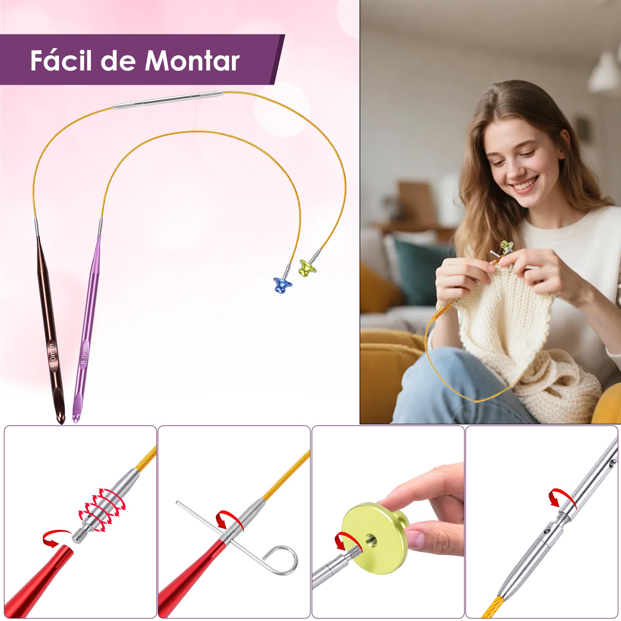 Ganchos de Ganchillo Intercambiables, Paquete de Accesorios para Manualidades de 12 Piezas, Aleación de Aluminio y Metal con Cables 40 60 80 100cm