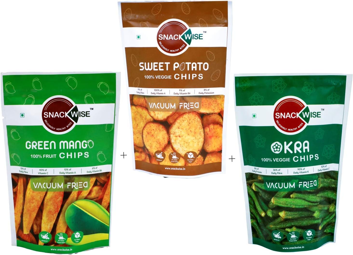 SnackWise Healthy Exotic Snacks Combo| Variety Pack| Hamper|Vacuum Fried Chips, Fruit and Vegetable Chips, 2 Okra, 2 Green Mango, 2 Sweet Potato (6 Packs)