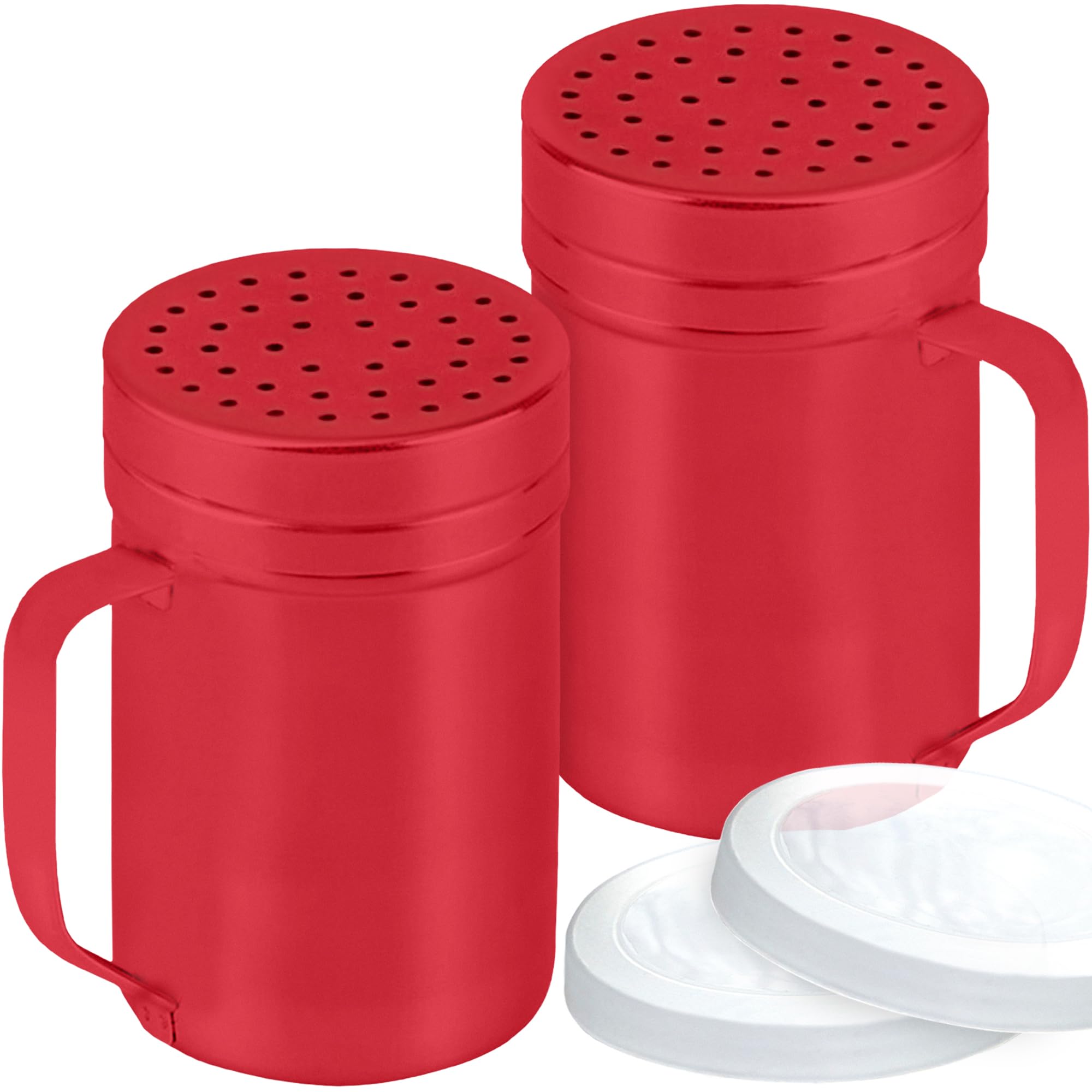 CUSINIUM 14oz Red Stainless Steel Salt Pepper Dredge Shakers - With Plastic Cap - With Handle - Pack of 2
