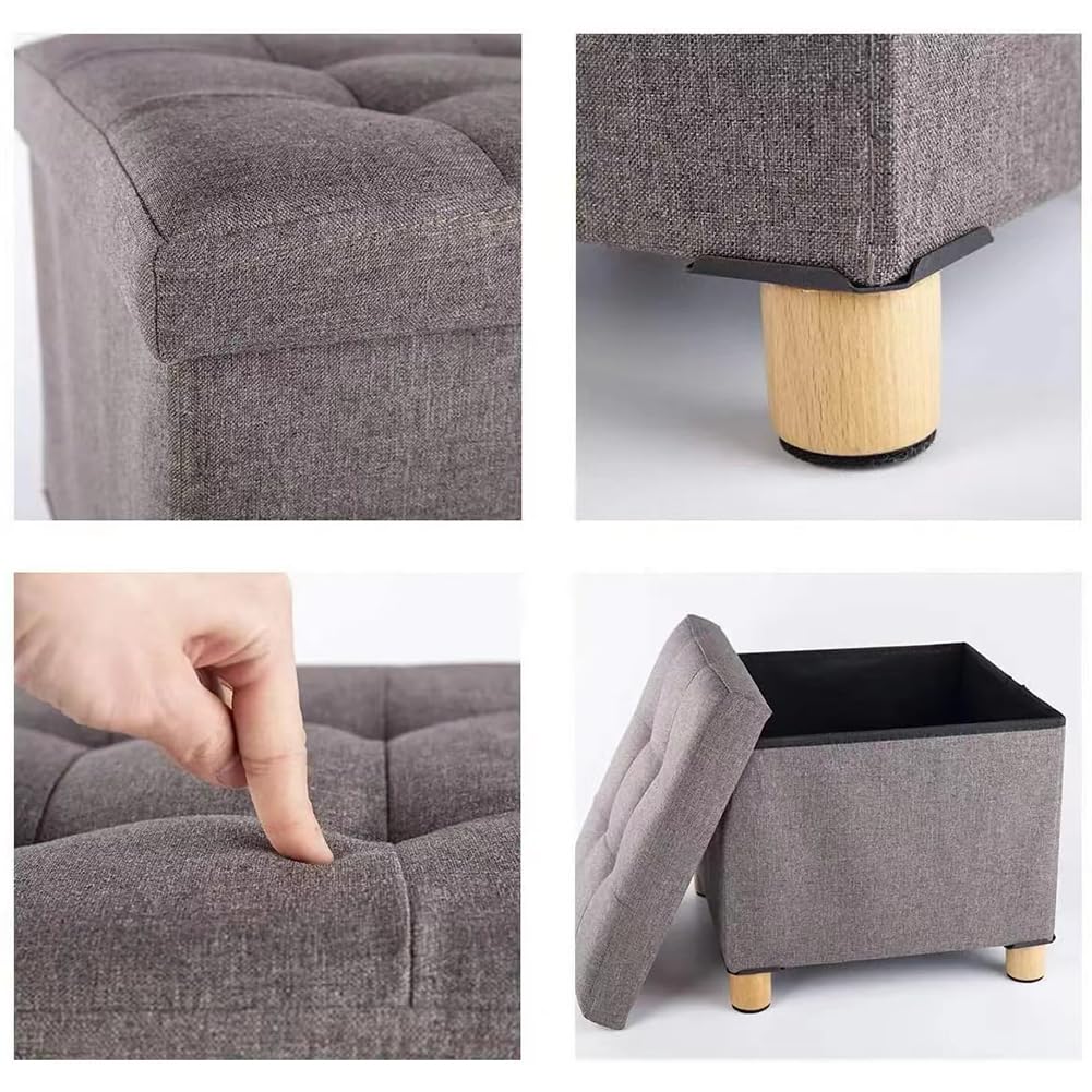 BAKAJI Pouf Contenitore con Rivestimento in Lino, Seduta Imbottita e Comoda, Struttura e Piedini in Legno, Baule Multiuso, 38 x 38 x 38 cm, Ideale per Camera da Letto, Ingresso, Cameretta (Grigio)
