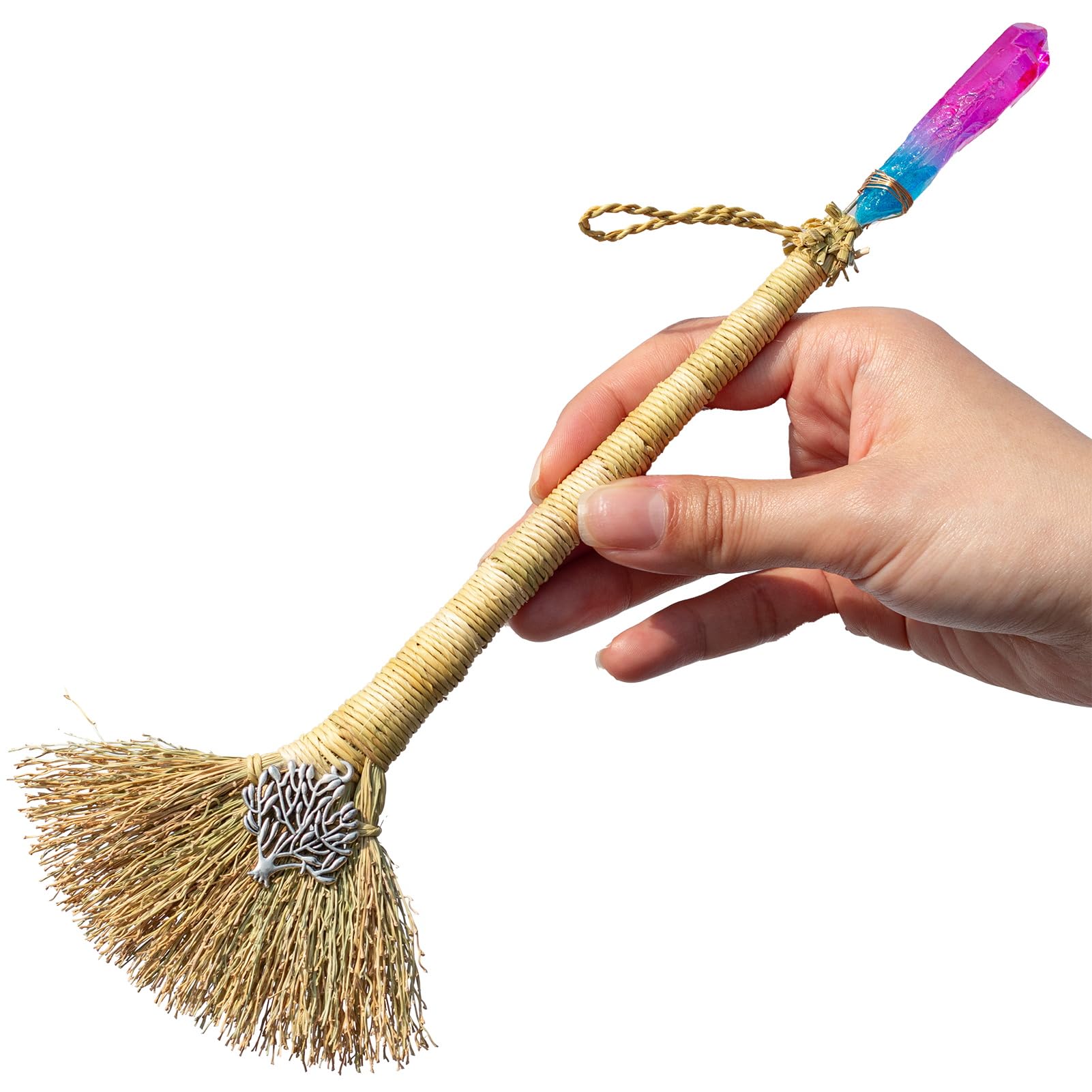 Handmade Witch Altar Broom for Wiccan Magic Décor Halloween Mini Broomstick with Natural Crystal Stone for Cleansing Healing Home Feng Shui