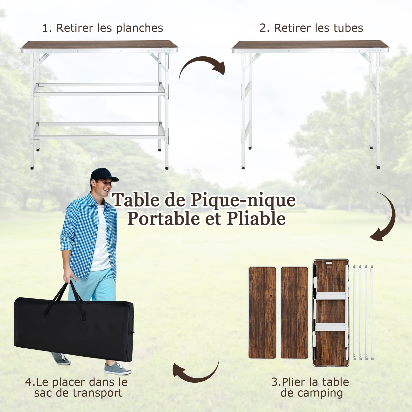 GOPLUS Mesa de camping plegable para picnic con almacenamiento, mesa portátil ligera de aluminio con bolsa de transporte, estación de preparación de alimentos con 2 estantes (café)