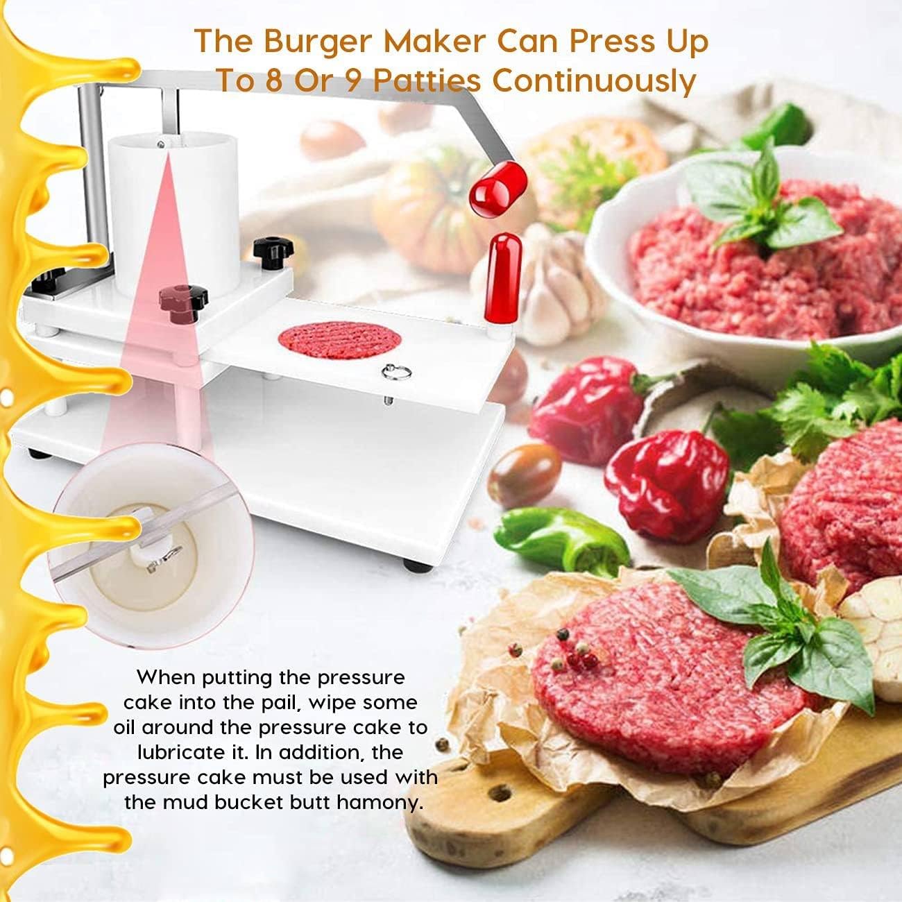 Pressa manuale per hamburger da 10,9 cm, con grande tramoggia, design fisso per ristoranti fast food