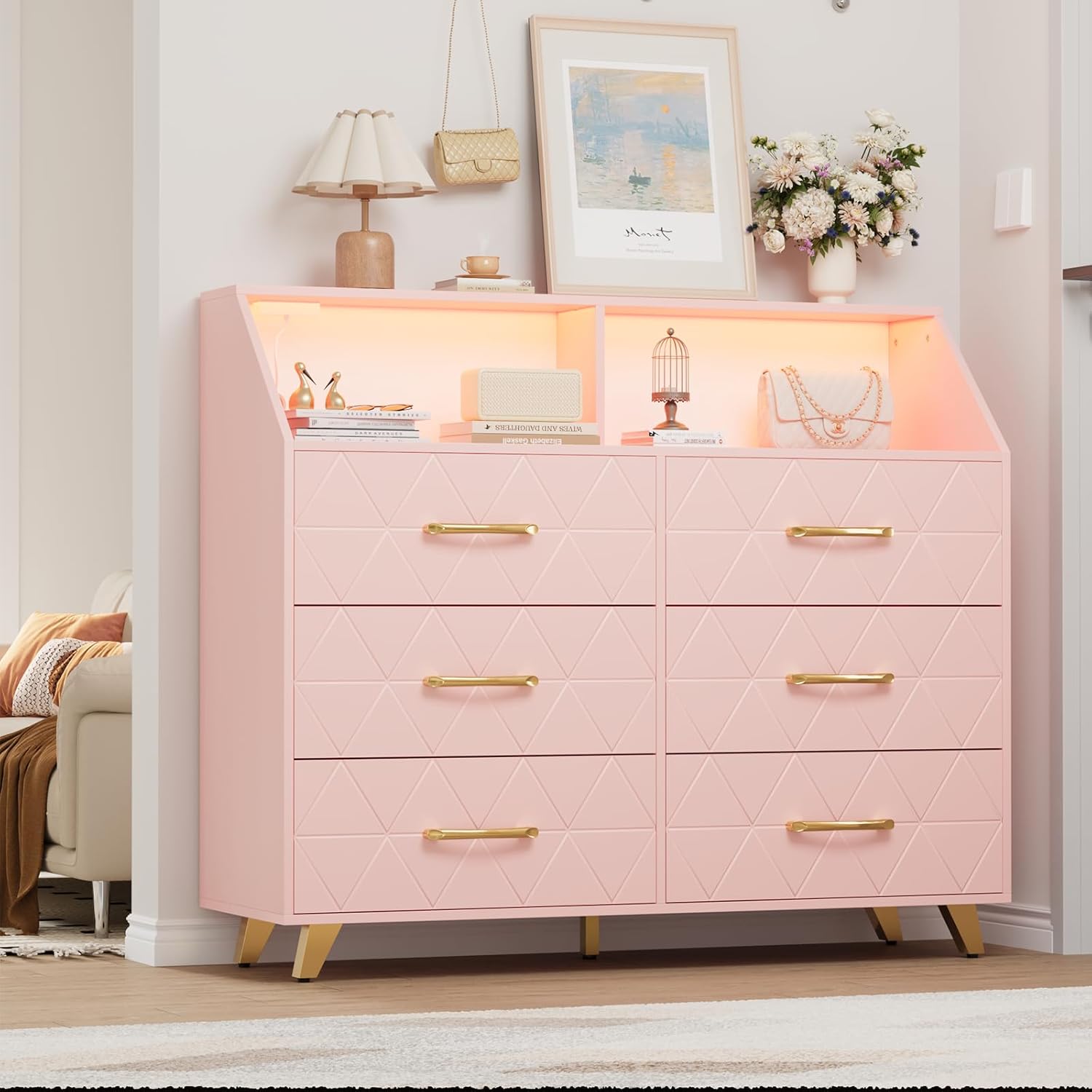 47'' Pink Chest of Drawers, Lighted 6 Drawer Dresser with Charging Station and Storage Shelf, Wooden Dresser with 5 Metal Legs, Modern Drawer Cabinet for Bedroom, Living Room