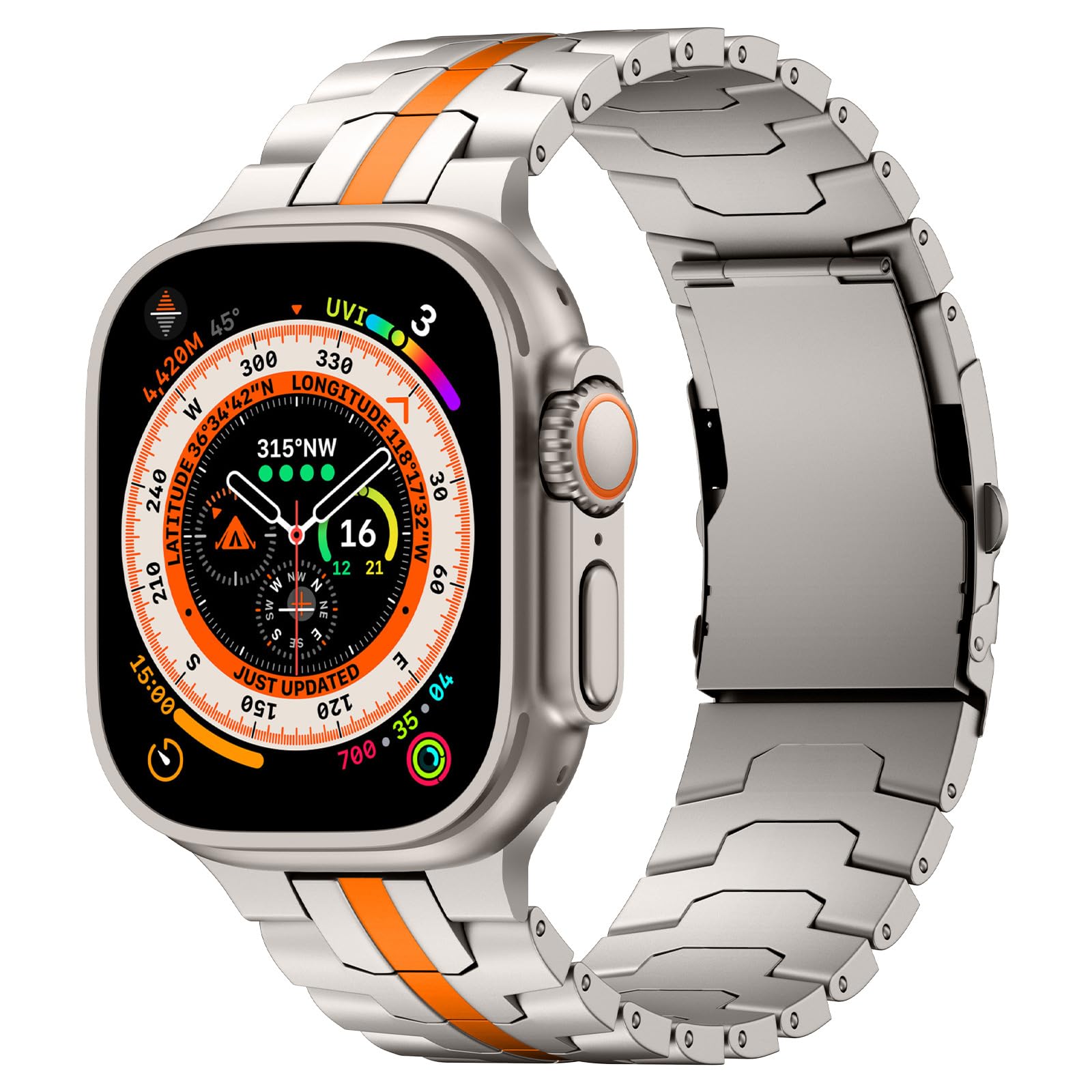 Bracelet de montre en titane compatible avec Apple Watch Ultra 2/1 49 mm, 45 mm, 44 mm, 42 mm - Bracelet à maillons métalliques de qualité aérospatiale avec fermoir de sécurité et outil de