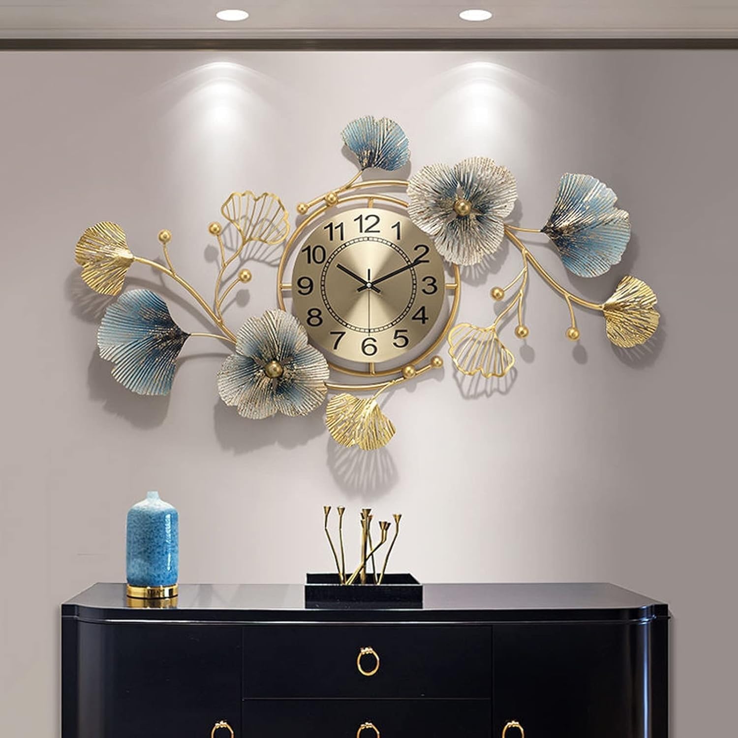 SaryEdge Wall Clock Large Metal Wall Clock, 3D Ginkgo Leaf Metal Wall Art Decoration No Ticking Silent Wall Clock Modern Simple Wall Hanging Sculpture Decoration,
