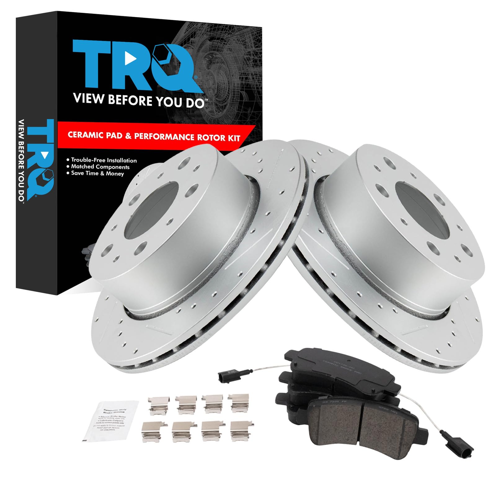 TRQ Performance Rear Brake Pad and Rotor Set Ceramic Coated Drilled Slotted Vented Rotors Compatible with 2014-2021 Ram ProMaster 1500 2014-2021 ProMaster 2500 3500