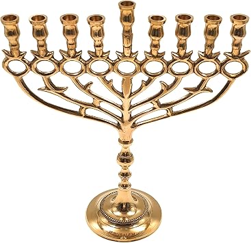 Amen Judaica Hanukkah Menorah Candles Holder - Design with Pomegranates 9 Branches Menorah,Brass/Copper Made 12 Inch Height