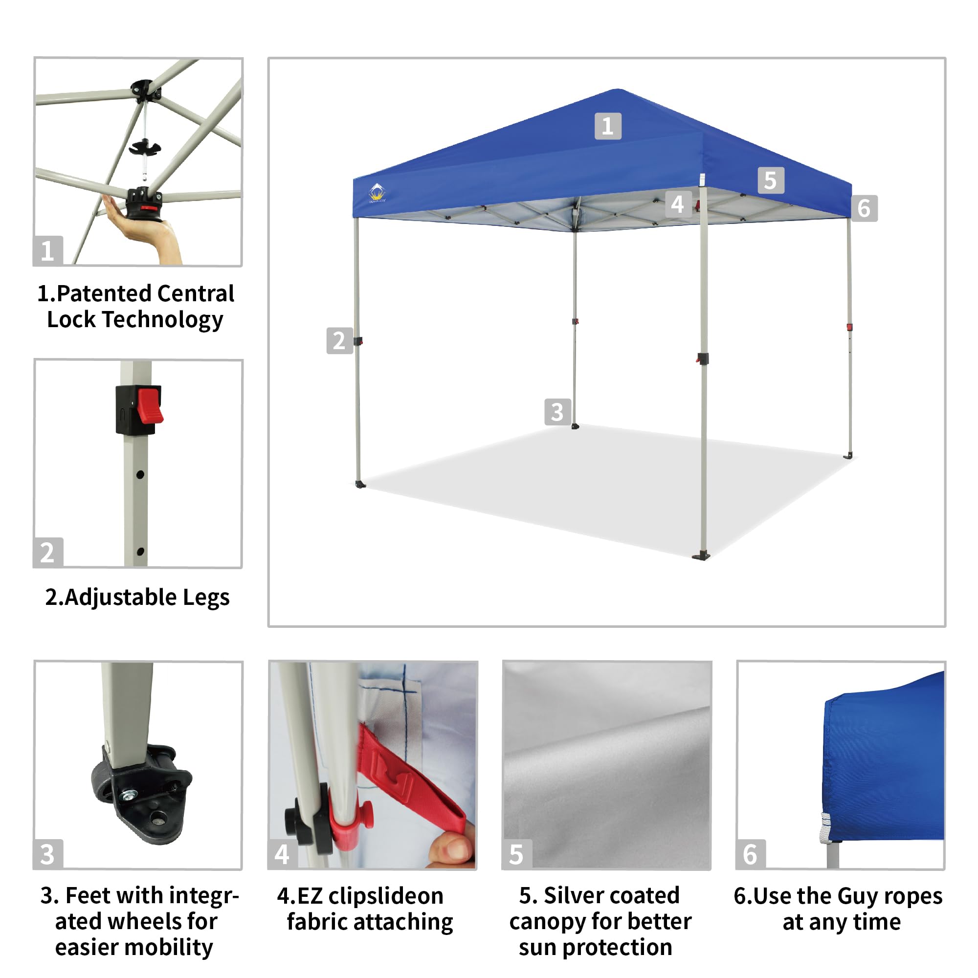 CROWN SHADES 8x8 Pop Up Canopy, Patented Center Lock One Push Instant Popup Outdoor Canopy Tent, Newly Designed Storage Bag, 8 Stakes, 4 Ropes, Blue