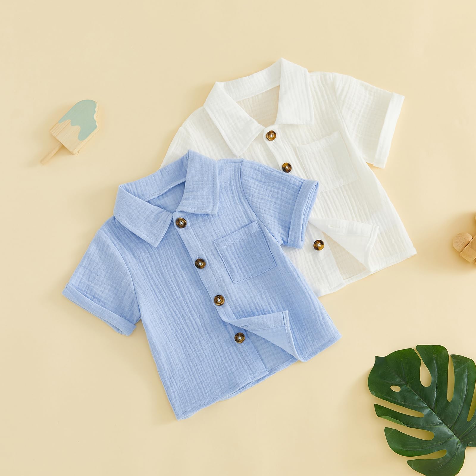 Lot de 2 polos pour enfant garçon - Couleur unie - Manches courtes - Col en V - Boutonné - Vêtements d'été en coton doux et lin - T-shirt basique