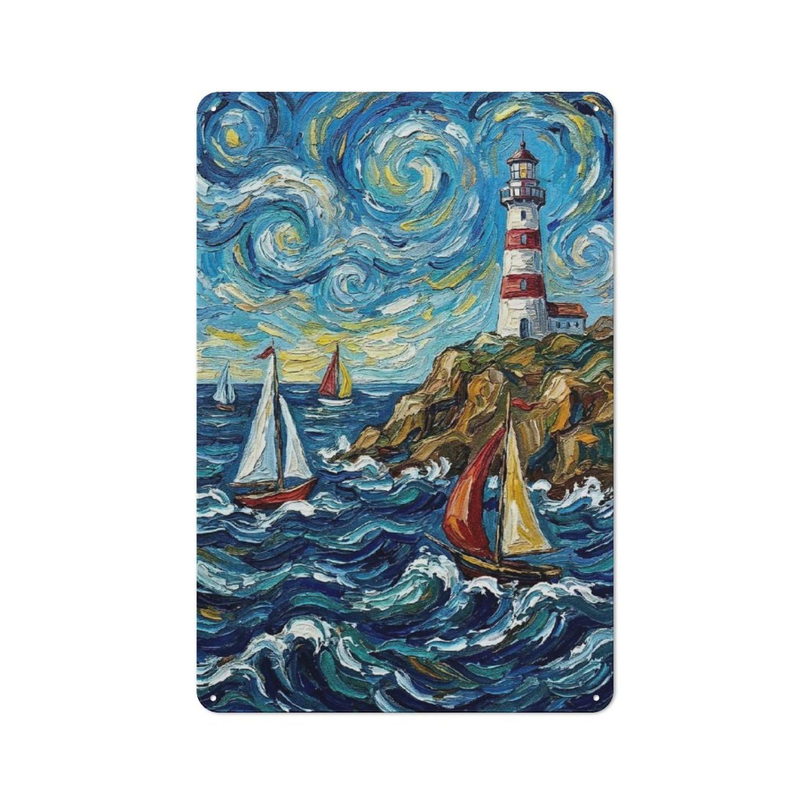 Junmoney Style-10 Vintage Tin Sign 30X20cm With Starry Night Lighthouse And Sailboats For Living Room Or Hallway, For Vintage Wall Decor Fans, For Metal Sign Collectors