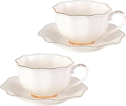 KAMMAK Tea Cups and Saucers Set of 2, Fancy Ceramic Cup with Handle | 7oz, Coffee Cups with Saucers, Espresso Mugs, For Coffee, Latte, Americano,Tea, Elegant Teacup and Saucer, Gold Rim, YFH4