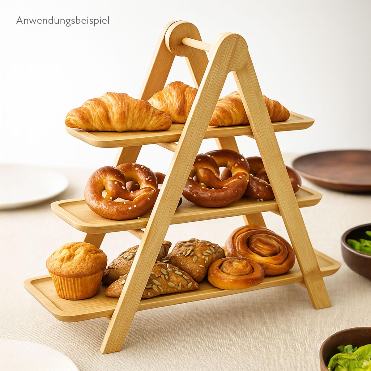 Murago - Bambus Etagere mit 3 Ablagen - Servieretagere Dreistöckig Buffetständer Servierständer Dessert Cupcake Brot Ständer Gebäck Obst Käse Tapas Fingerfood Frühstück länglich Deko Holz Landhausstil