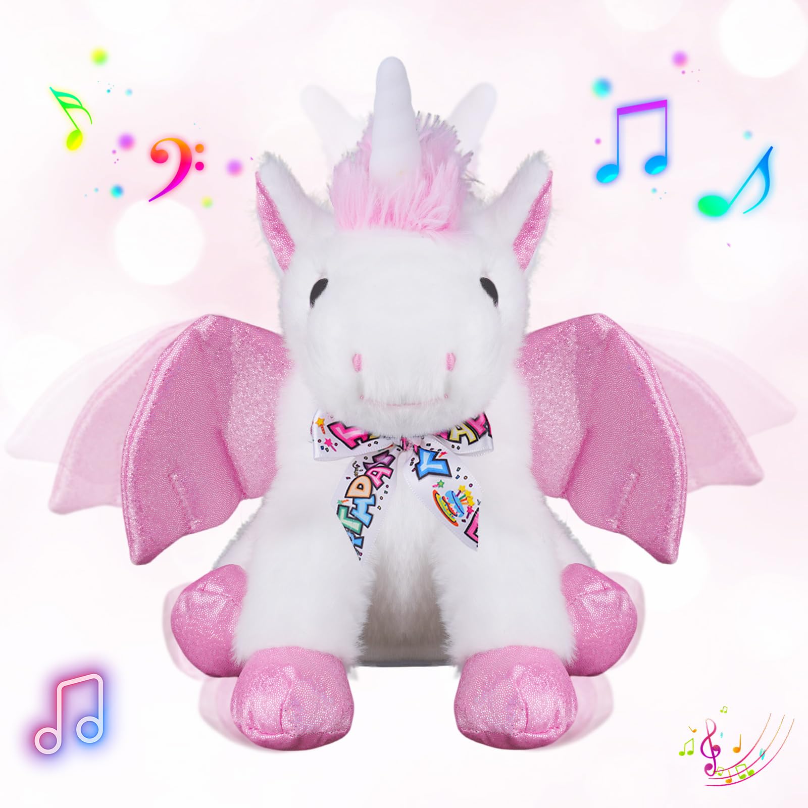 Happy Birthday Gifts - Peluche a forma di unicorno con la canzone di buon compleanno, unicorno con ali mobili, regalo per feste per bambini, ragazzi, ragazze, bambini, 28 cm, rosa