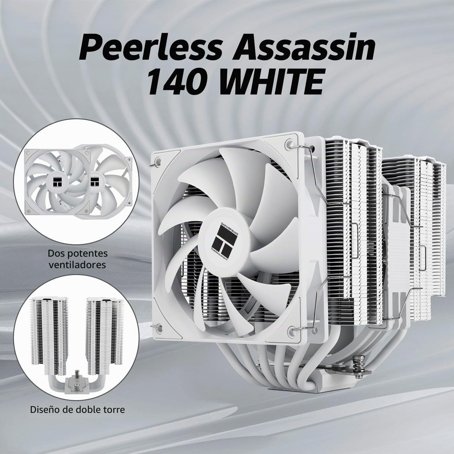 TR Peerless Assassin 140 blanco, 6 heatpipes, dos ventiladores PWM y dos torres, enfriamiento de CPU de 158 mm de alto con tapa superior, para AM4/AM5 e Intel LGA1851/1700/115X/1200