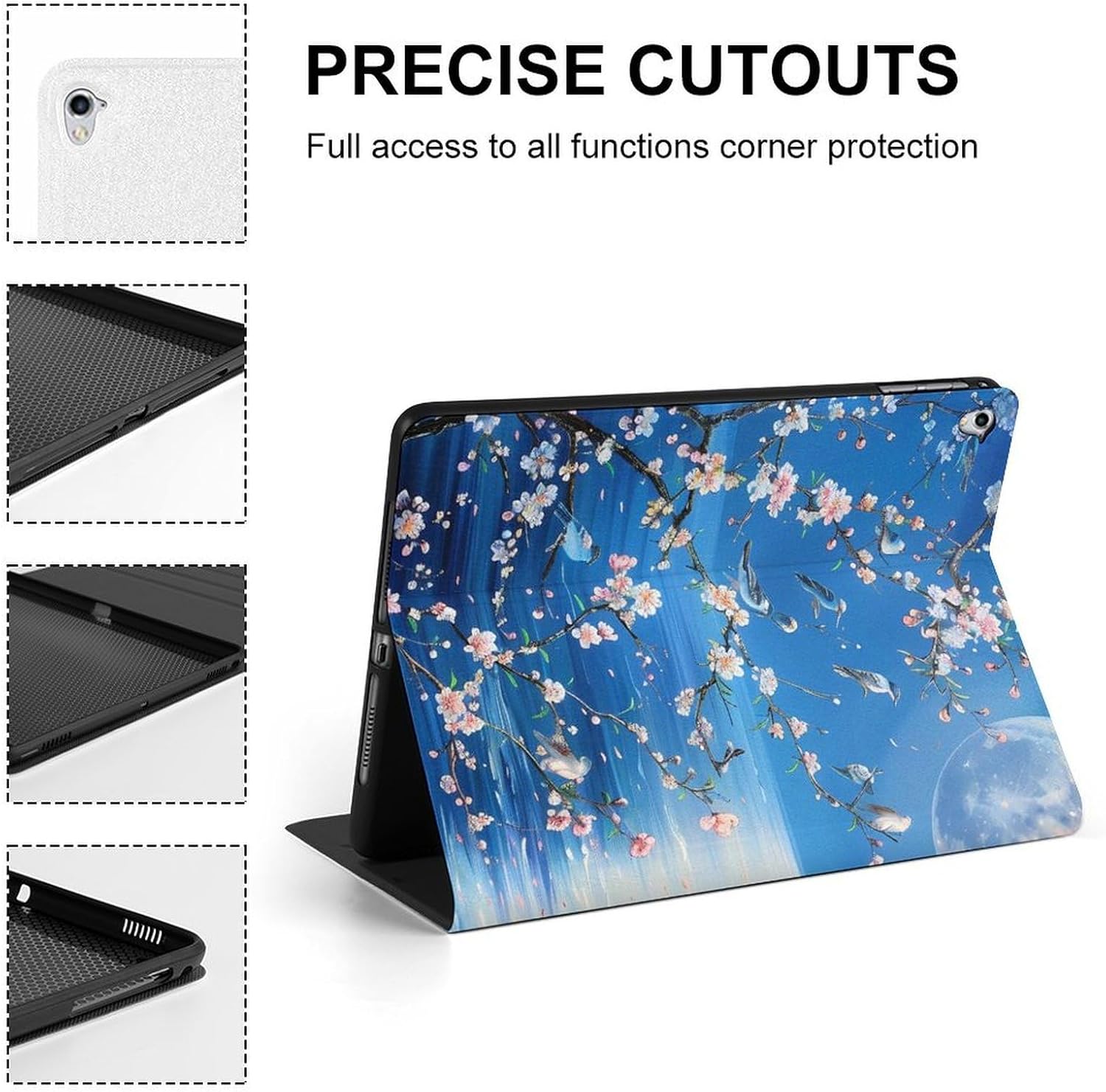 Cherry Flower Moon Ocean Bird Printed Case Trifold Stand Protective Cover Compatible with ipad Pro/2016 ipad Pro (9.7in)