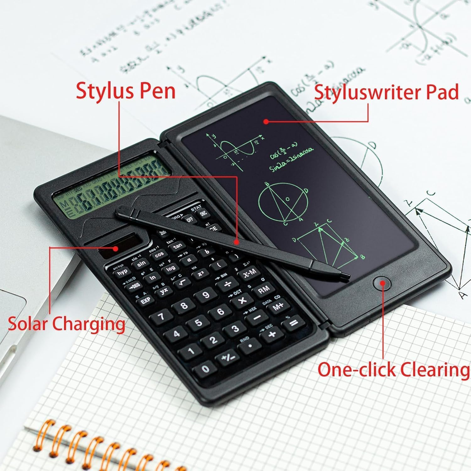 Calcolatrice Scientifica Portatile Pieghevole con Lavagna Cancellabile, LCD a 10 Cifre Ricaricabile Solare, Versatile per Ufficio e Scuola