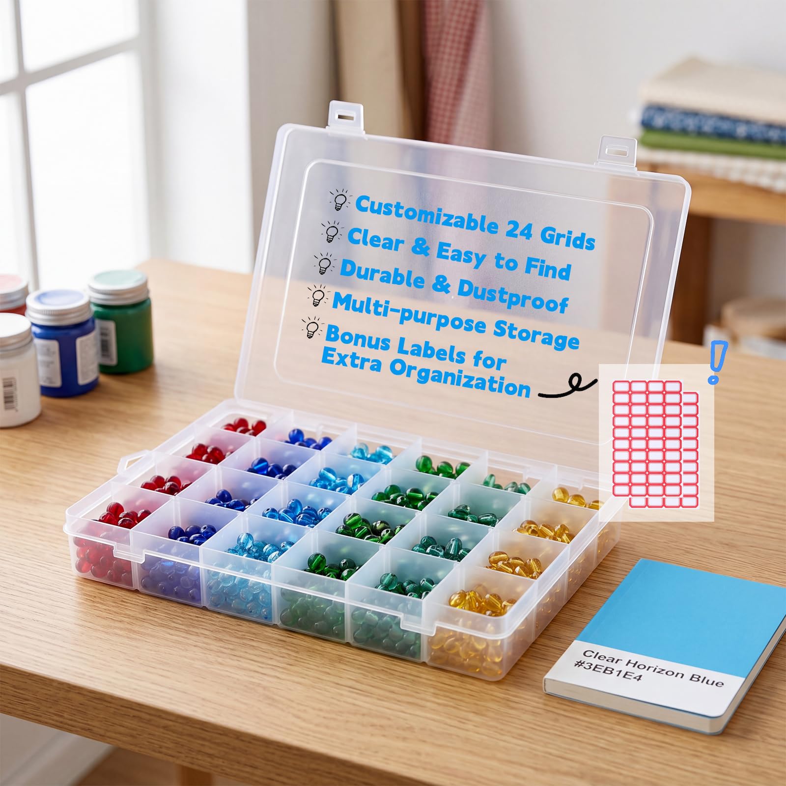 Confezione da 4 scatole organizer per perline in plastica trasparente con divisori regolabili, contenitore per perline con etichette, scatola per bottoni, organizer per artigianato