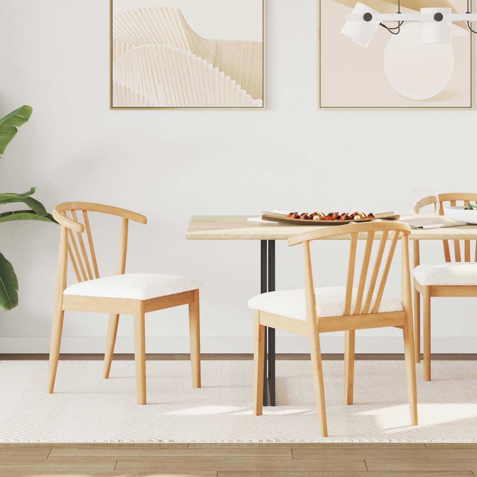 Natural & White Solid Rubberwood Dining Chairs Set of 2, Comfortable Seat Cushions, Sturdy Kitchen Room Seating for Home, Office, and Dining