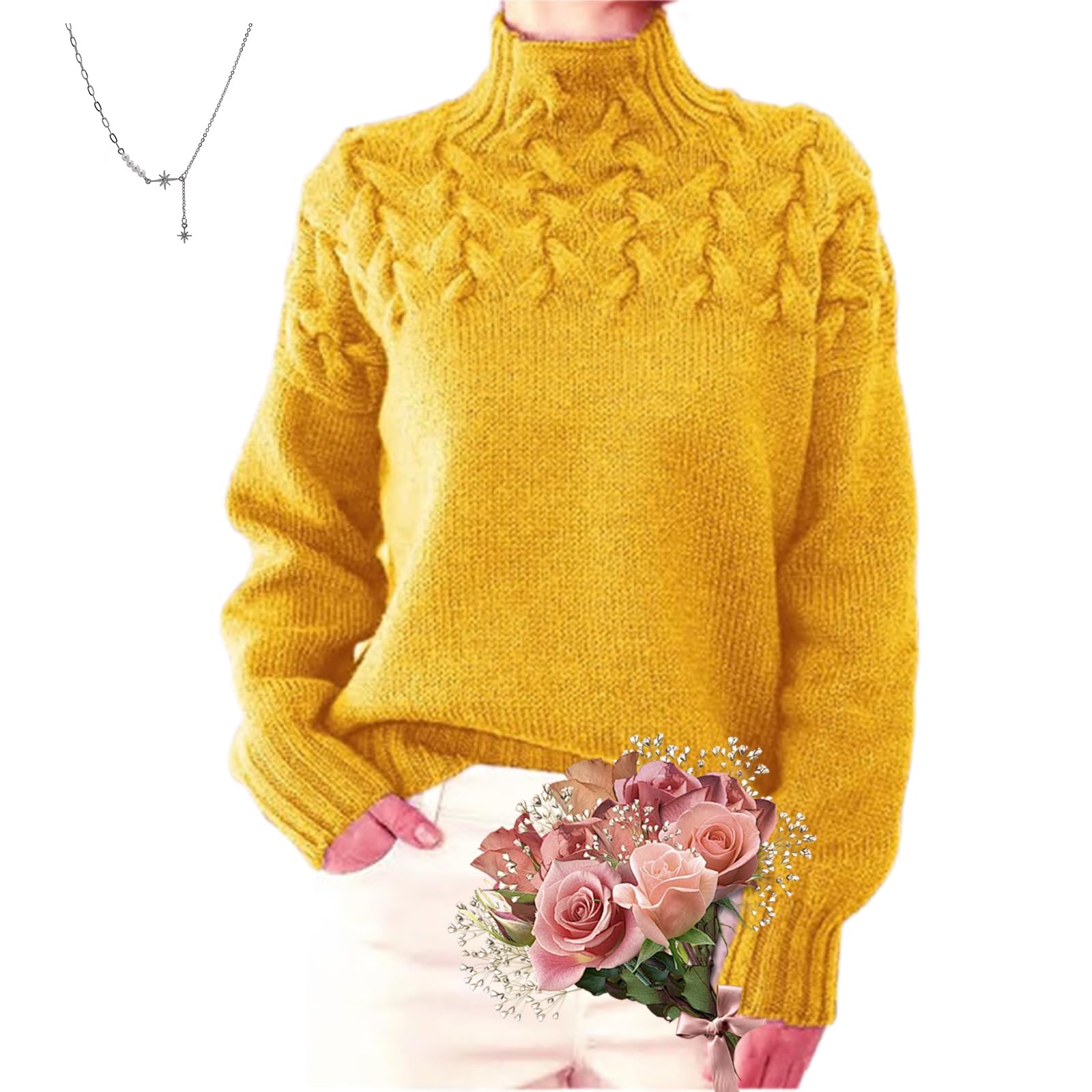 POIOZXD Cashmere High Neck Sweater, Cozy Knitted Turtleneck Sweater Cable Knitted Cashmere Sweaters for Women Soft Warm Knitted Jumpers (Yellow,L)