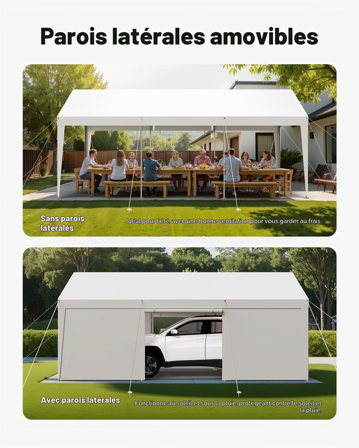 VEVOR Tente Garage, 3,05 x 6,09 m, Carport Abri de Voiture Extérieur avec Parois Latérales Amovibles et Portes, Résistant aux UV et à l'eau, Protection Toutes Saisons pour Automobile et Bateau, Blanc
