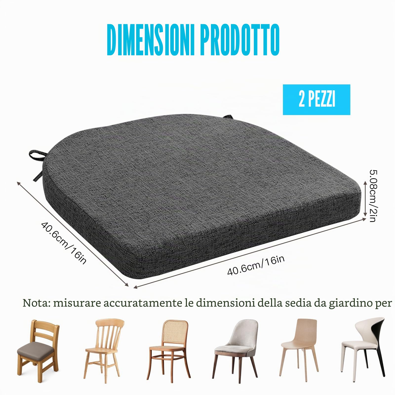 Set di 2 cuscini per sedia da esterni, 42 x 43 cm, per sedia e sedia da giardino, cuscino per sedia da esterno, imbottitura per mobili da giardino, resistente alle intemperie, con nastri (grigio scuro