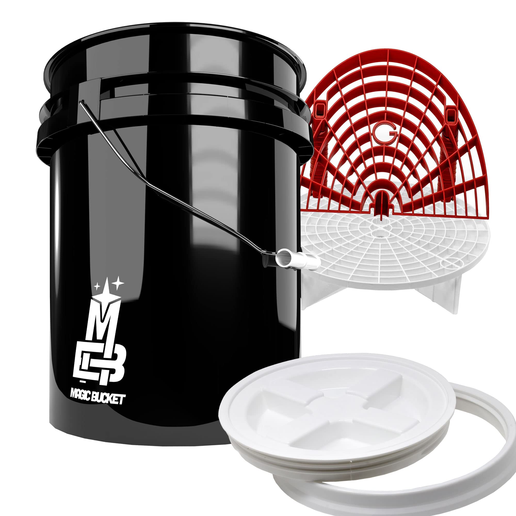Detailmate professionelles Wasch Eimer Set: Magic Bucket Wascheimer 5 GAL (ca. 20 Liter), Gamma Seal Eimerdeckel weiß, GritGuard Schmutz Einsatz weiß, GritGuard Washboard rot
