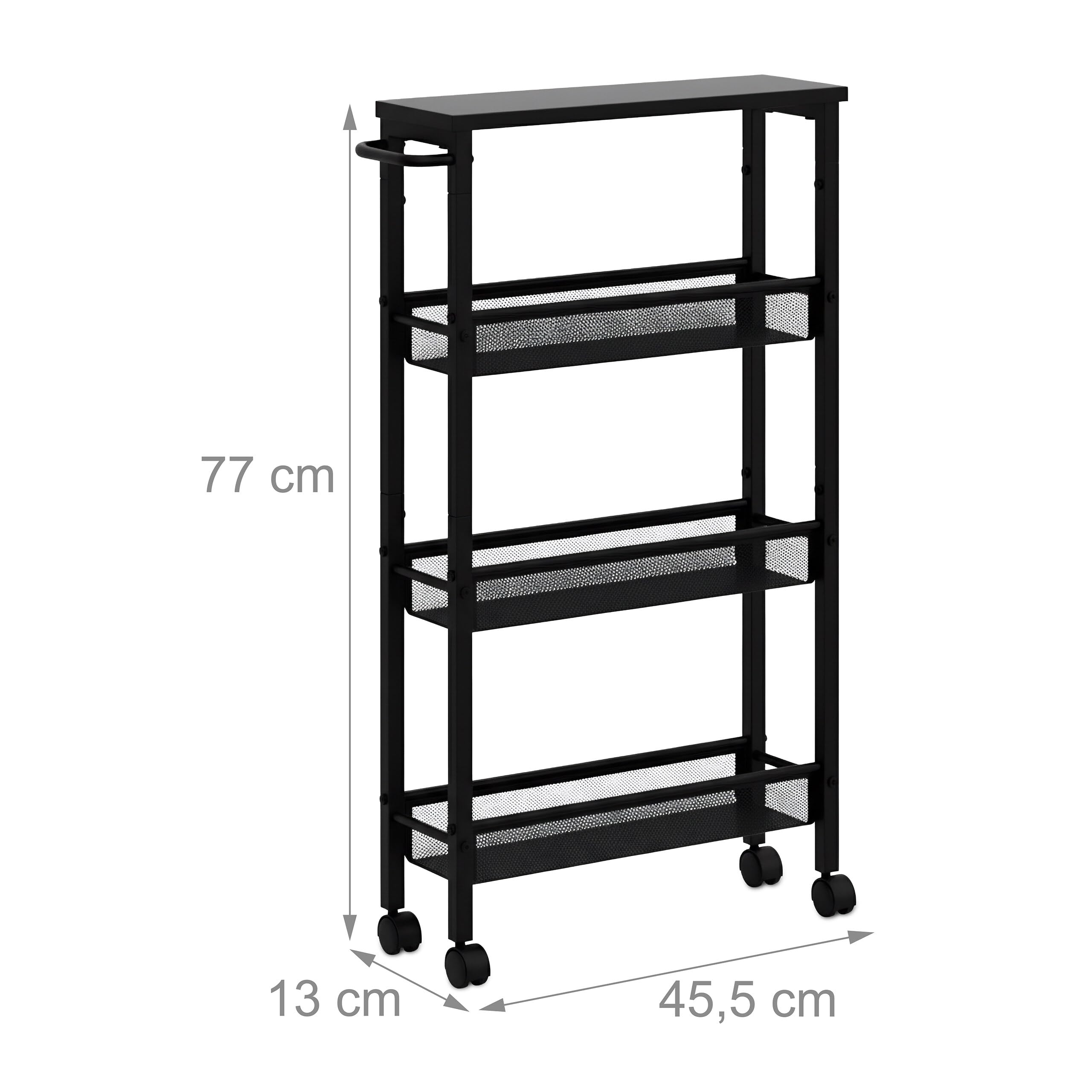 Carro para nichos Relaxdays, 77 x 13 x 45,5 cm, estantería Estrecha para baño y Cocina, 4 Niveles, con Ruedas, Negra