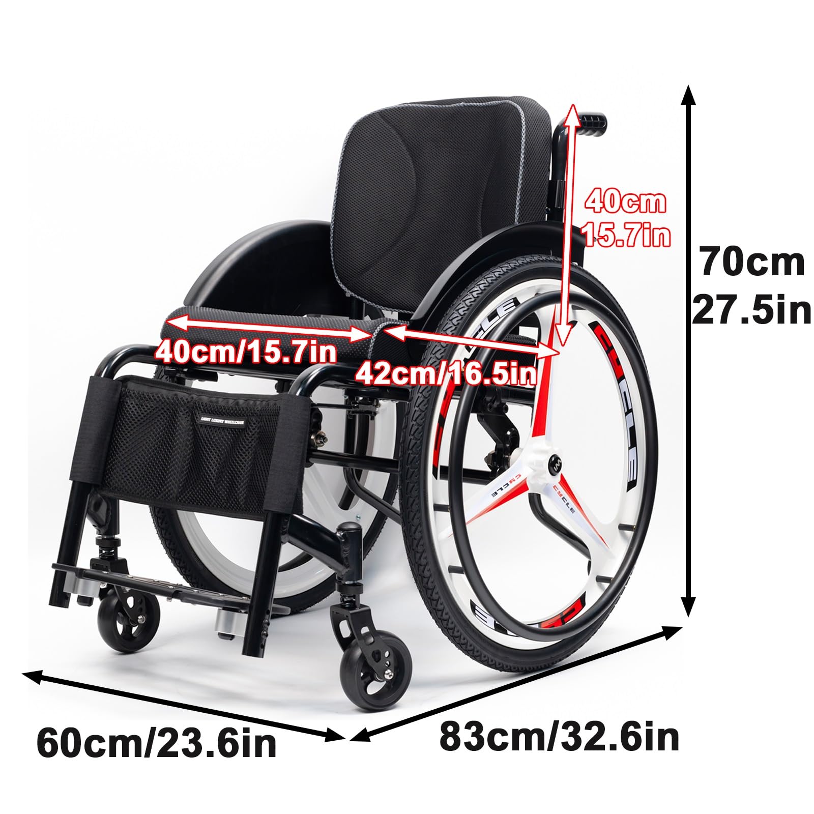 Lekki sportowy wózek inwalidzki, nieskładany, ze stopu aluminium, dla dorosłych (szerokość siedziska: 40 cm)