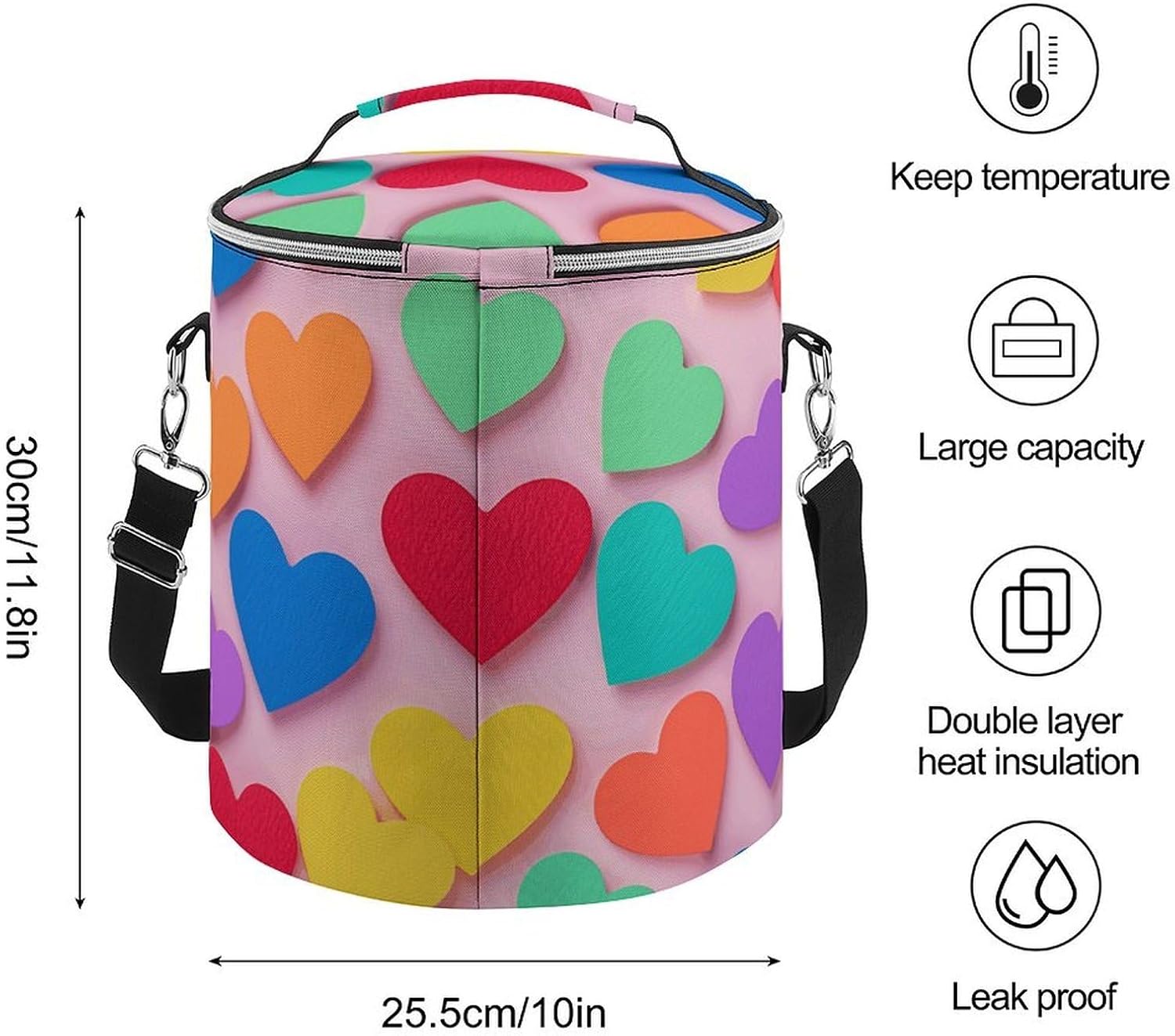 Colored Love Hearts Lunch Bag 15L, Insulated Picnic Basket with Leakproof Design - Large Cooler Tote for Camping, Beach, Hiking & Groceries
