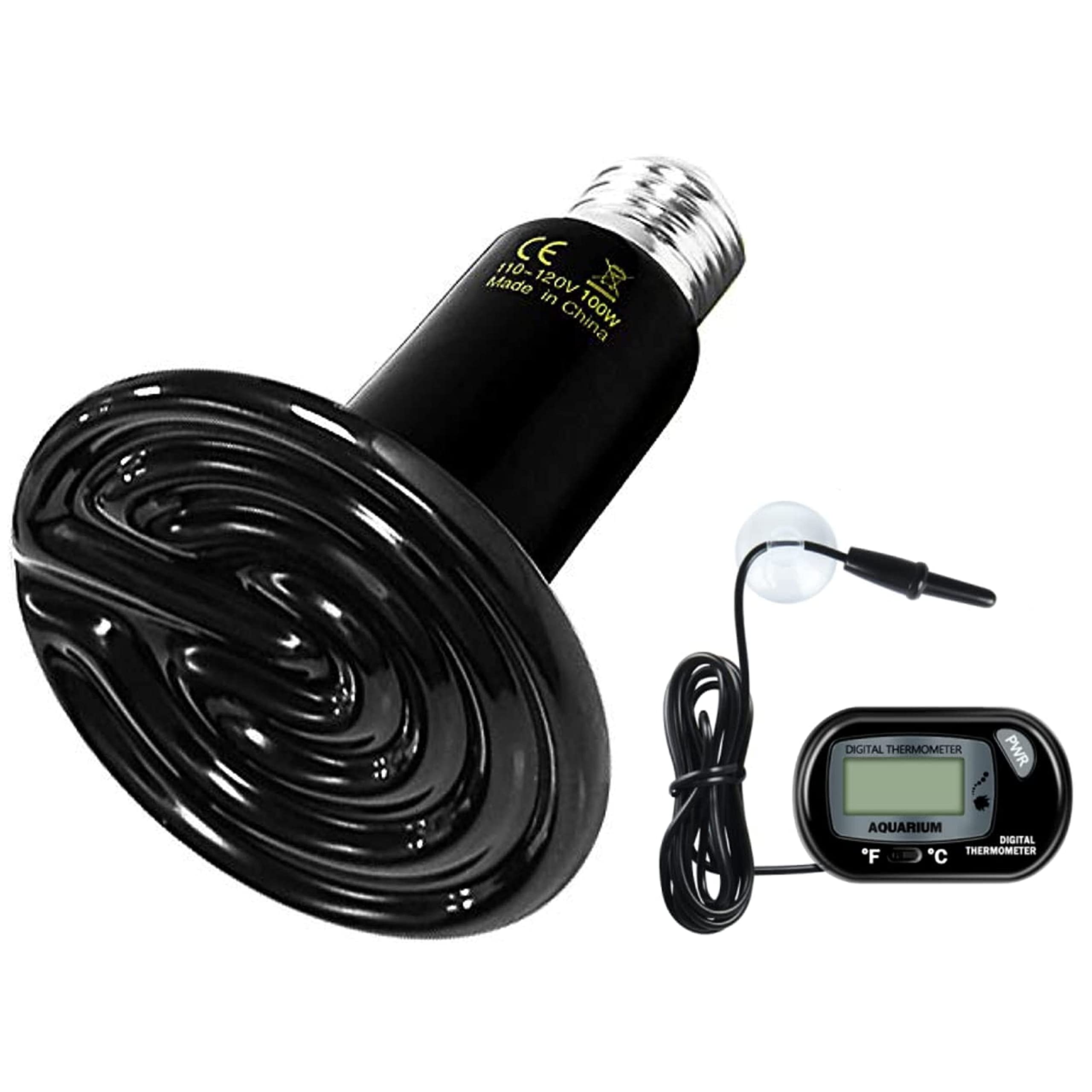 Simple Deluxe 100W Ceramic Heat Lamp Reptile Heat Emitter Heater Lamp Bulb No Light with Free Digital-Thermometer, for Pet Brooder Coop Chicken, Dragon Turtle Lizard Snake Aquarium Tank