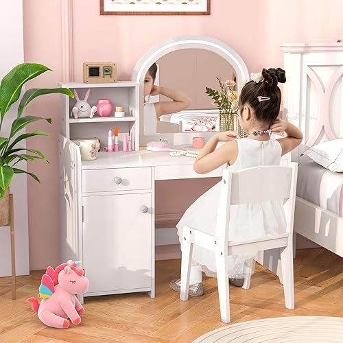 Miniatura 29 de INFANS Vanity - Juego de escritorio y silla de maquillaje de princesa 2 en 1 con espejo desmontable de tres pliegues, estantes de almacenamiento