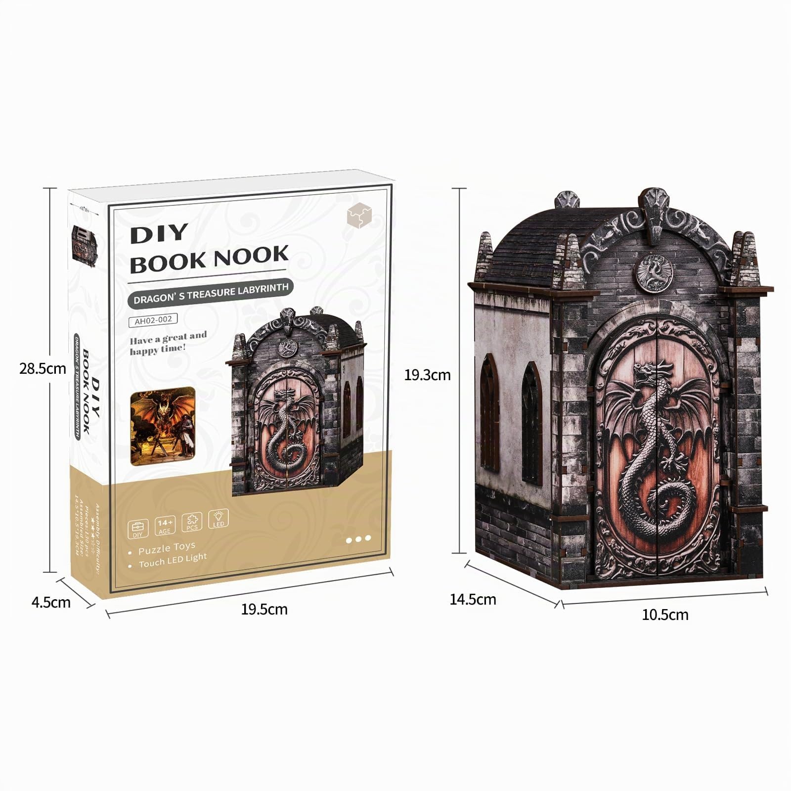 Book Nook Kit–Drachenschatz Labyrinth Modell, 3D Holzpuzzle zum Selberbauen mit LED-Beleuchtung, Bastelset für Bücherregal-Dekoration für Erwachsene und Jugendliche