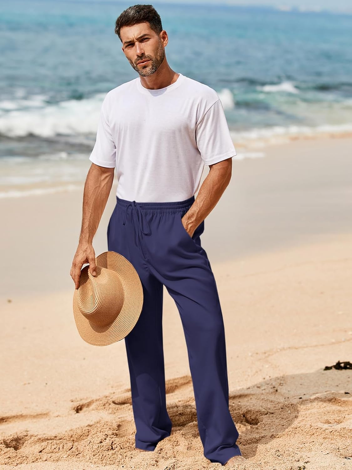 Makkrom Mens Casual Pants Drawstring Elastic Waist Lightweight Linen Pants Loose Fit Summer Beach Yoga Trousers - Image 4