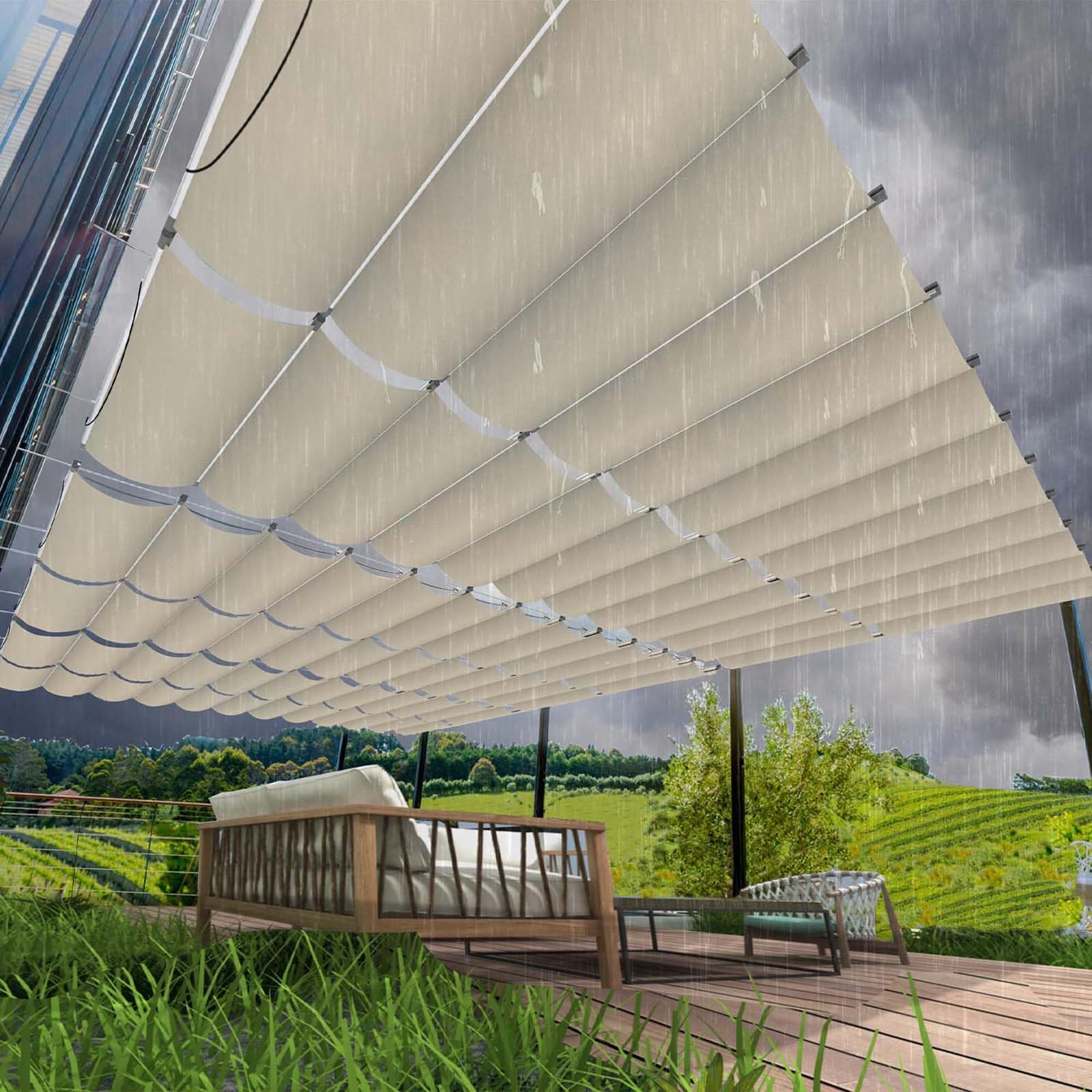 Voile d'ombrage rétractable sur mesure pour pergola et balcon sans perçage