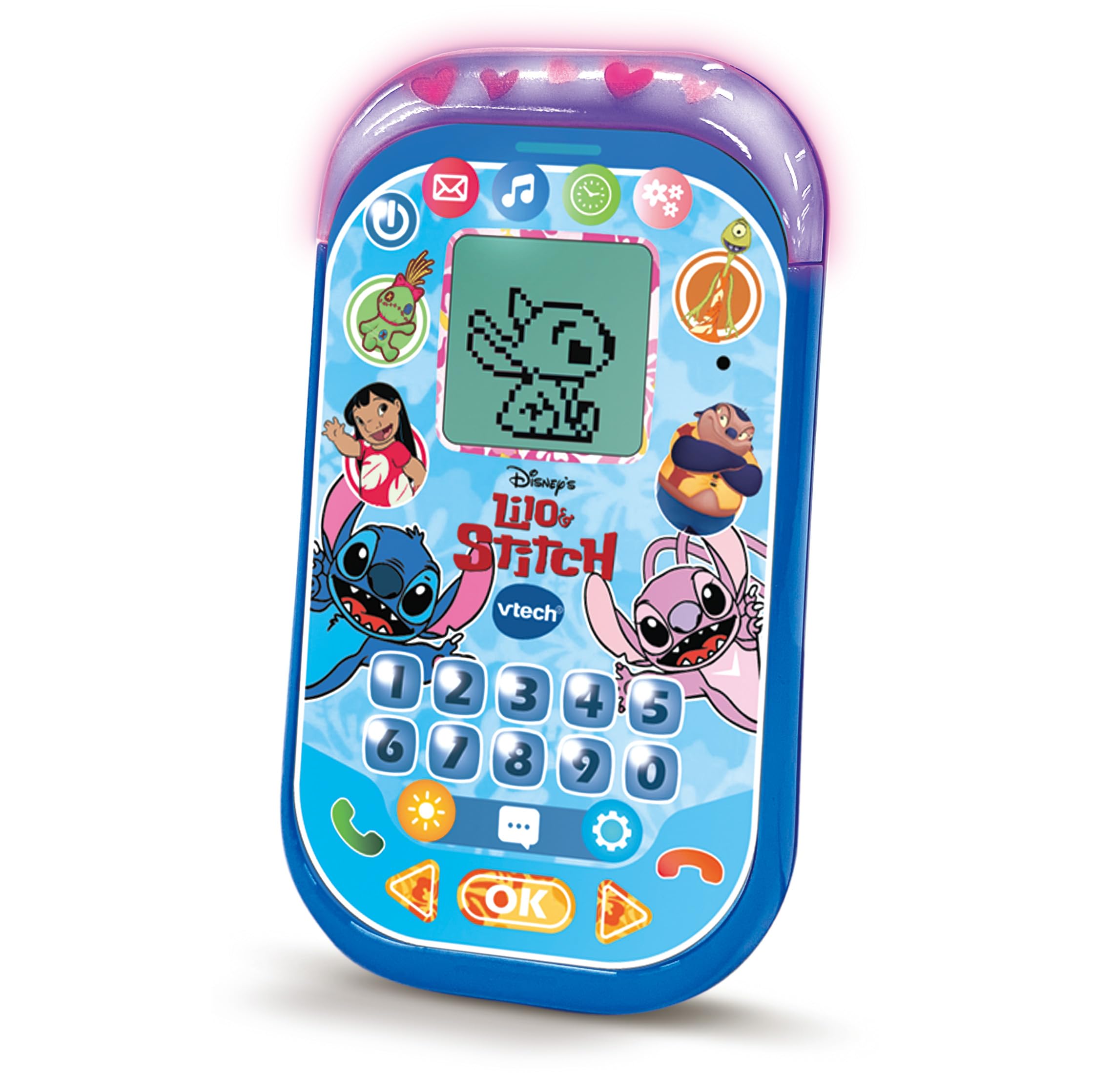 VTech - Teléfono Educativo de Stitch, Juguetes Electrónicos para Niños +4 Años, Pantalla LCD, Banda Luminosa, Minijuegos de Matemáticas, Voz Original, Teclado y Llamadas, Versión ESP